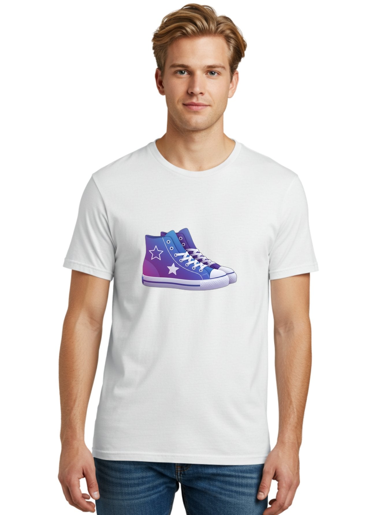 Sneakers-With-Stars Men'S Graphic Tee, 100% Cotton, Comfortable Casual Summer Wear, Machine Washable, Sneakers With Star Design, Purple Sneakers, Blue Sneakers, White Laces, Gradient Effect, Colorful Footwear, Streetwear Style, Casual Shoes, Bab433 25
