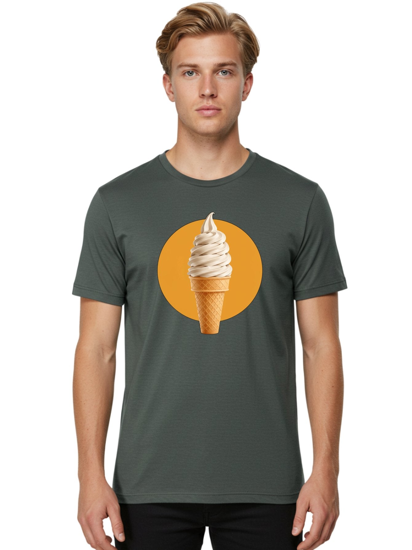 Soft-Serve-Ice-Cream-Cone-1 Men'S Graphic Tee, 100% Cotton, Comfortable Casual Summer Wear, Machine Washable, Soft Serve Ice Cream, Ice Cream Cone, Waffle Cone, Vanilla Ice Cream, Swirly Ice Cream, Summer Treats, Dessert, Sweet Tooth, Bab434 25