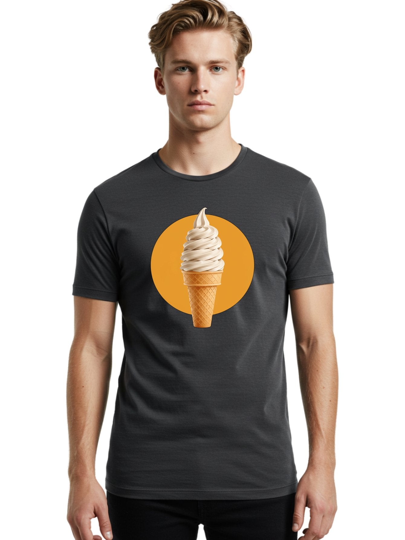 Soft-Serve-Ice-Cream-Cone-1 Men'S Graphic Tee, 100% Cotton, Comfortable Casual Summer Wear, Machine Washable, Soft Serve Ice Cream, Ice Cream Cone, Waffle Cone, Vanilla Ice Cream, Swirly Ice Cream, Summer Treats, Dessert, Sweet Tooth, Bab434 21