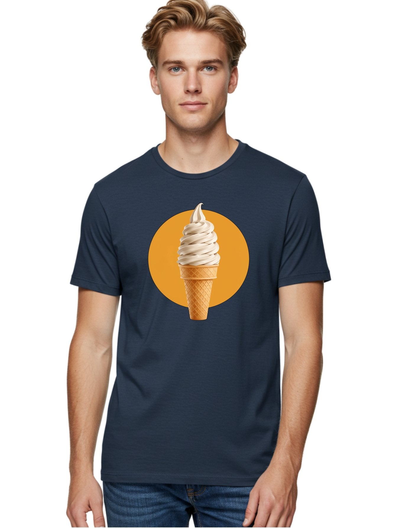 Soft-Serve-Ice-Cream-Cone-1 Men'S Graphic Tee, 100% Cotton, Comfortable Casual Summer Wear, Machine Washable, Soft Serve Ice Cream, Ice Cream Cone, Waffle Cone, Vanilla Ice Cream, Swirly Ice Cream, Summer Treats, Dessert, Sweet Tooth, Bab434 18