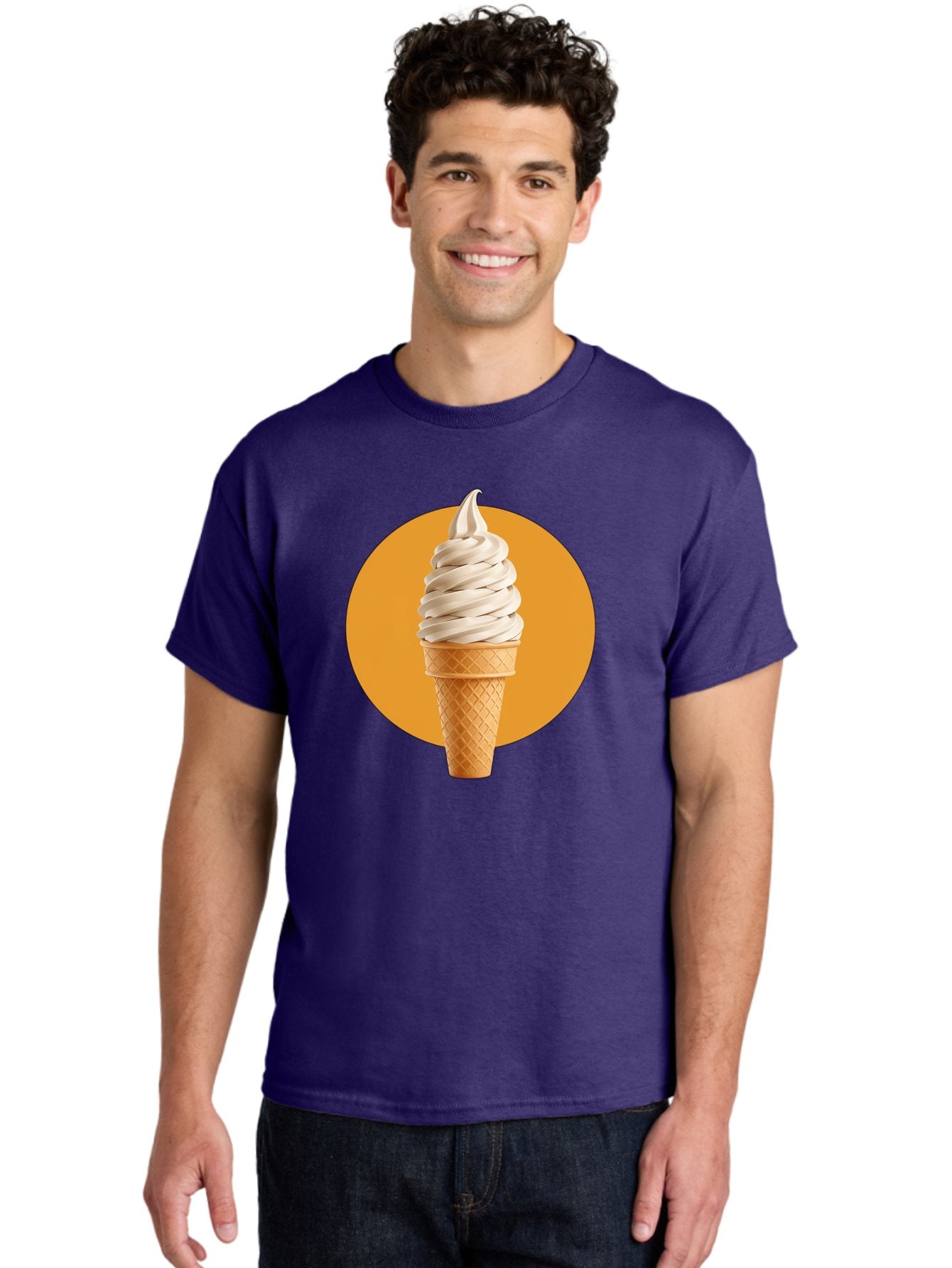 Soft-Serve-Ice-Cream-Cone-1 Men'S Graphic Tee, 100% Cotton, Comfortable Casual Summer Wear, Machine Washable, Soft Serve Ice Cream, Ice Cream Cone, Waffle Cone, Vanilla Ice Cream, Swirly Ice Cream, Summer Treats, Dessert, Sweet Tooth, Bab434 24