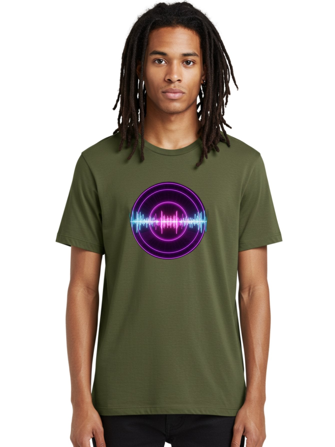 Sound-Wave Men'S Graphic Tee, 100% Cotton, Comfortable Casual Summer Wear, Machine Washable, Sound Wave, Audio Signal, Purple Neon Lights, Futuristic Design, Music Visualizer, Waveform Graphic, Digital Art, Glowing Effect Bab439 25