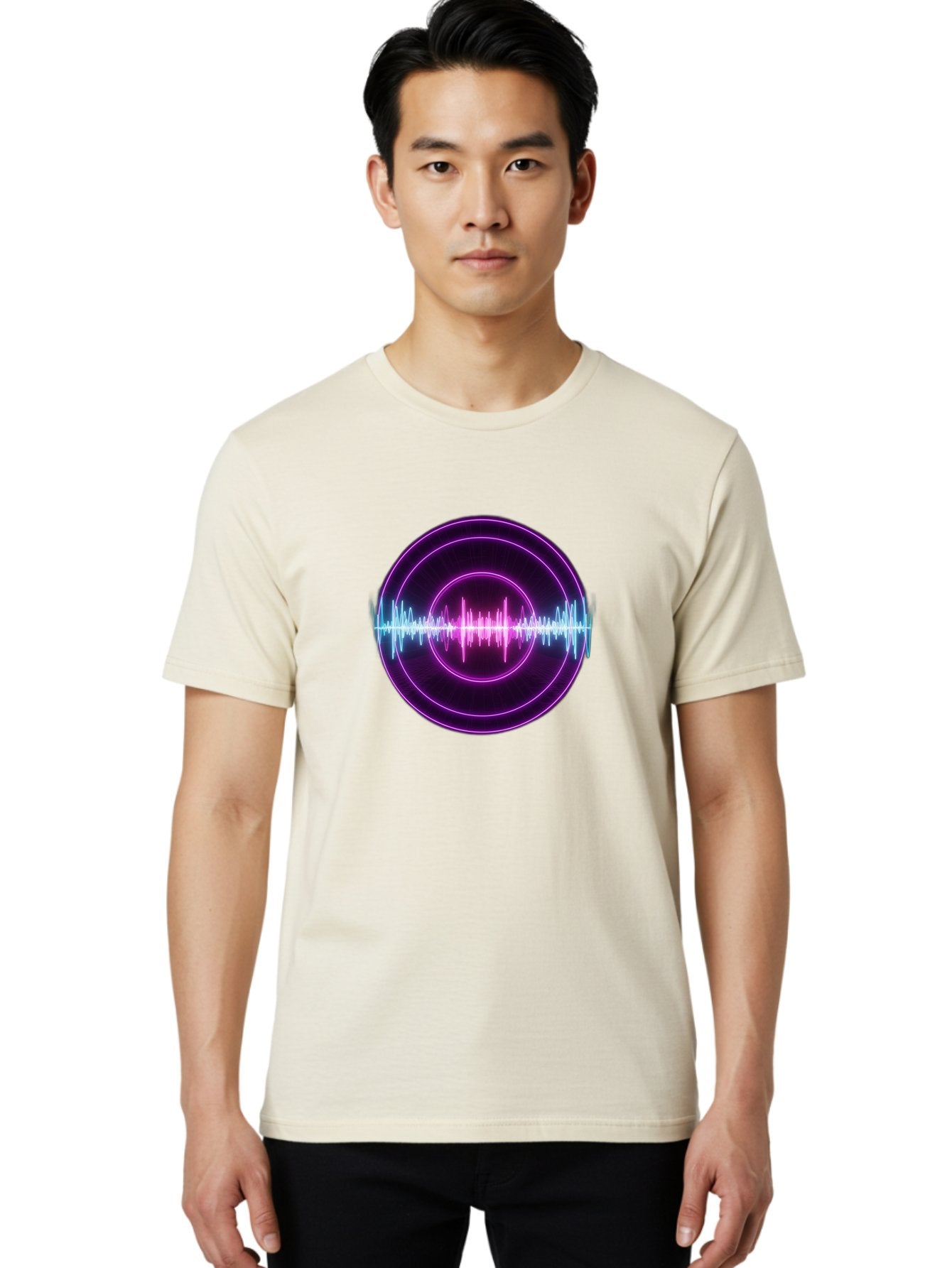 Sound-Wave Men'S Graphic Tee, 100% Cotton, Comfortable Casual Summer Wear, Machine Washable, Sound Wave, Audio Signal, Purple Neon Lights, Futuristic Design, Music Visualizer, Waveform Graphic, Digital Art, Glowing Effect Bab439 22