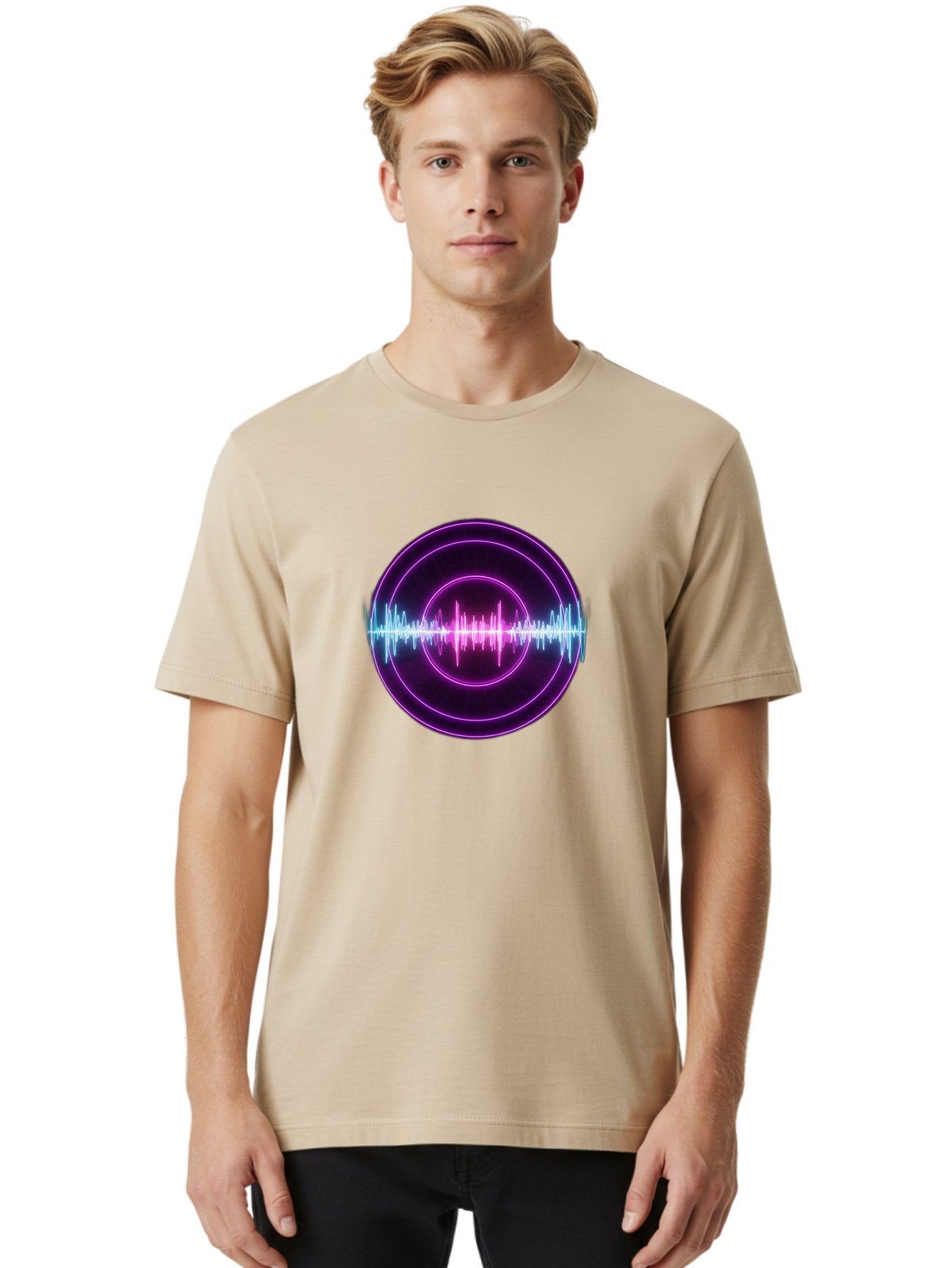 Sound-Wave Men'S Graphic Tee, 100% Cotton, Comfortable Casual Summer Wear, Machine Washable, Sound Wave, Audio Signal, Purple Neon Lights, Futuristic Design, Music Visualizer, Waveform Graphic, Digital Art, Glowing Effect Bab439 30