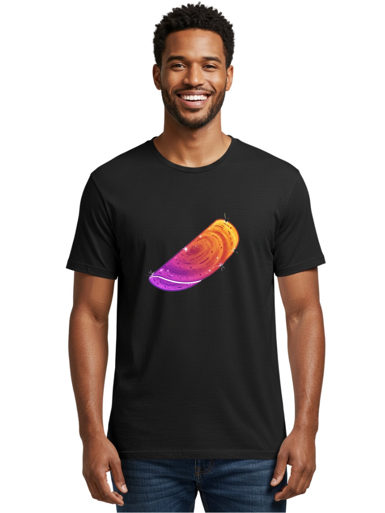 Sparkling-Dosa Men'S Graphic Tee, 100% Cotton, Comfortable Casual Summer Wear, Machine Washable, Vibrant Purple And Orange Design, Swirling Patterns, Shiny Surface, Sparkles, Mesmerizing Graphics, Abstract Art, Colorful Illustration, Bab442 17