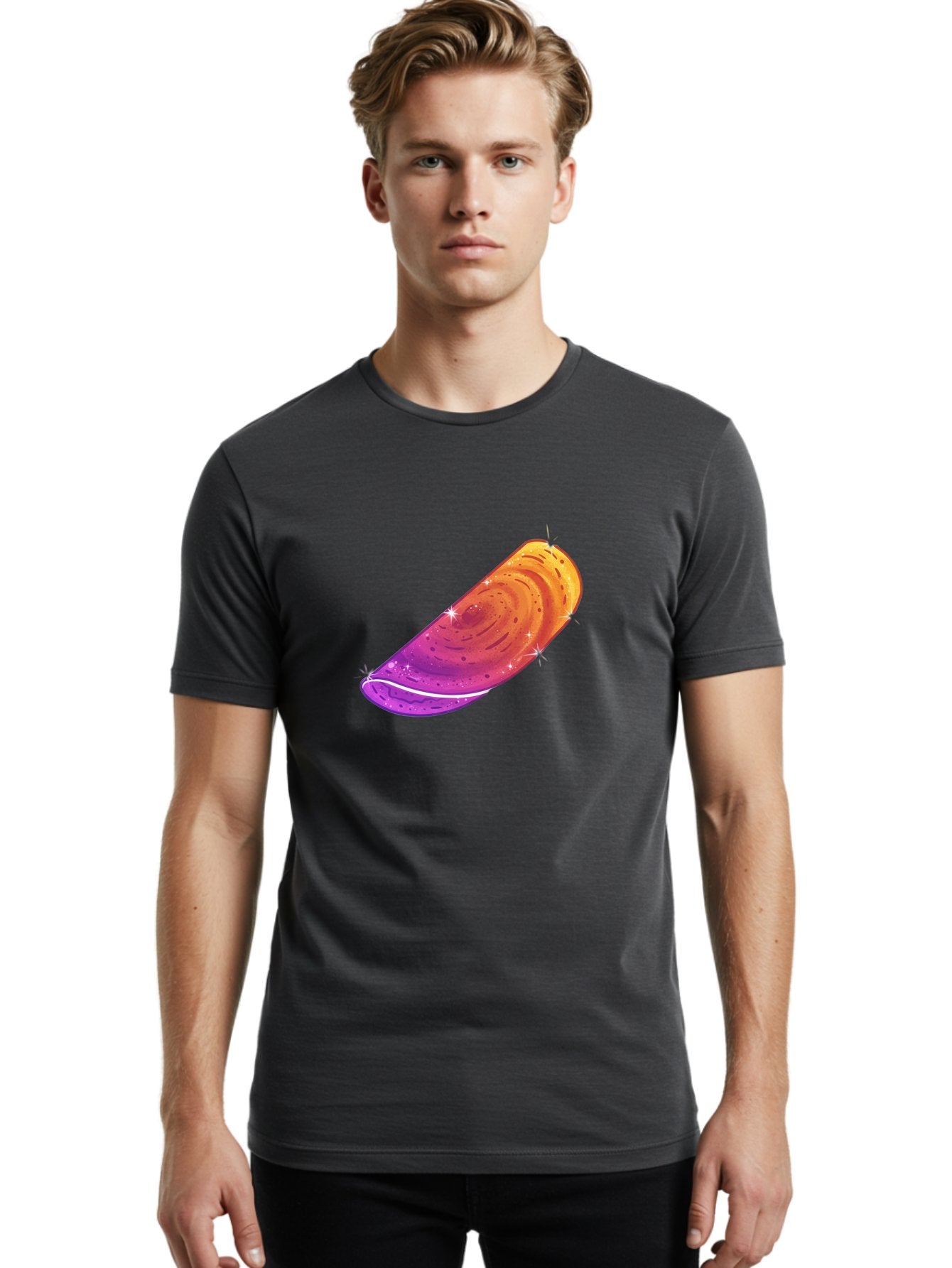 Sparkling-Dosa Men'S Graphic Tee, 100% Cotton, Comfortable Casual Summer Wear, Machine Washable, Vibrant Purple And Orange Design, Swirling Patterns, Shiny Surface, Sparkles, Mesmerizing Graphics, Abstract Art, Colorful Illustration, Bab442 26