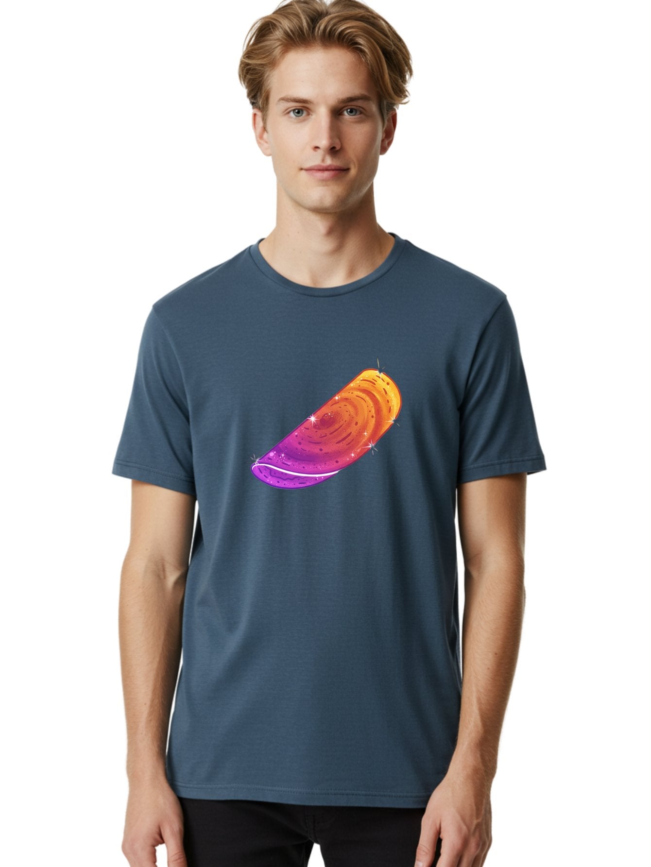 Sparkling-Dosa Men'S Graphic Tee, 100% Cotton, Comfortable Casual Summer Wear, Machine Washable, Vibrant Purple And Orange Design, Swirling Patterns, Shiny Surface, Sparkles, Mesmerizing Graphics, Abstract Art, Colorful Illustration, Bab442 30