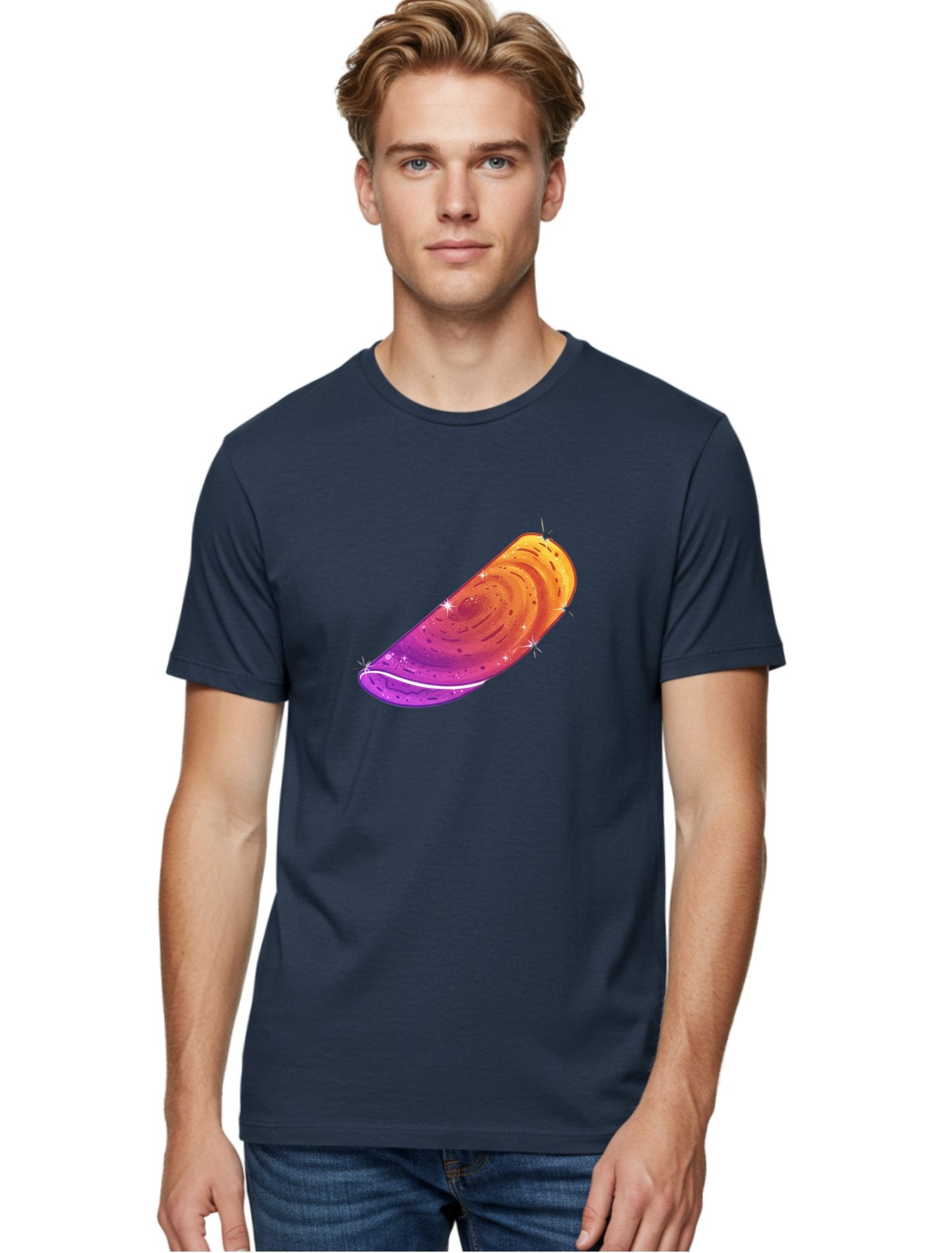 Sparkling-Dosa Men'S Graphic Tee, 100% Cotton, Comfortable Casual Summer Wear, Machine Washable, Vibrant Purple And Orange Design, Swirling Patterns, Shiny Surface, Sparkles, Mesmerizing Graphics, Abstract Art, Colorful Illustration, Bab442 21