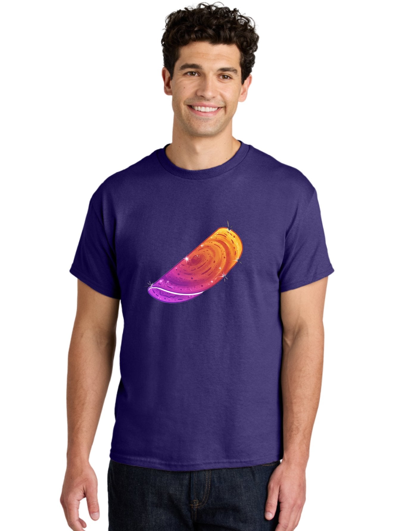 Sparkling-Dosa Men'S Graphic Tee, 100% Cotton, Comfortable Casual Summer Wear, Machine Washable, Vibrant Purple And Orange Design, Swirling Patterns, Shiny Surface, Sparkles, Mesmerizing Graphics, Abstract Art, Colorful Illustration, Bab442 27