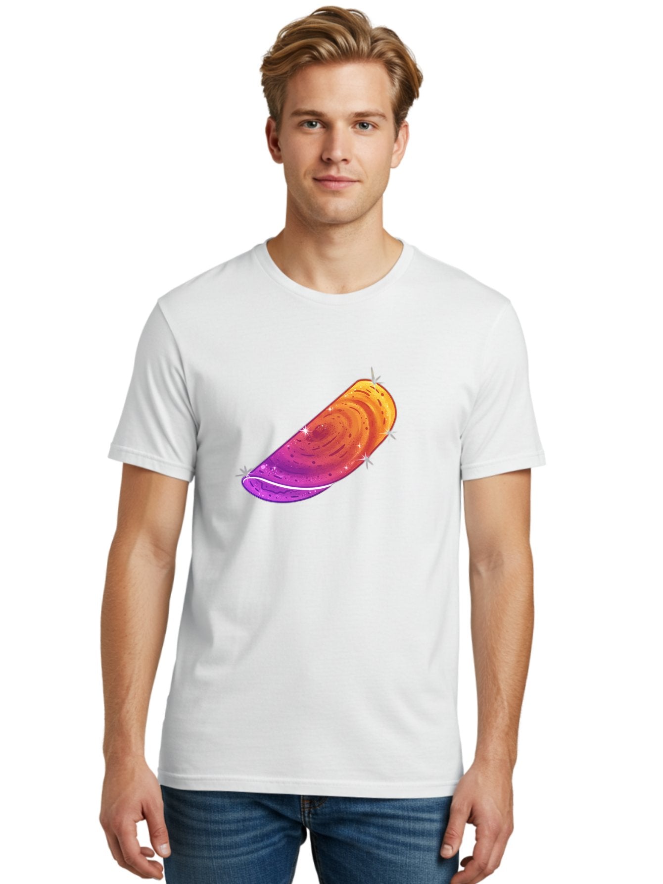 Sparkling-Dosa Men'S Graphic Tee, 100% Cotton, Comfortable Casual Summer Wear, Machine Washable, Vibrant Purple And Orange Design, Swirling Patterns, Shiny Surface, Sparkles, Mesmerizing Graphics, Abstract Art, Colorful Illustration, Bab442 29