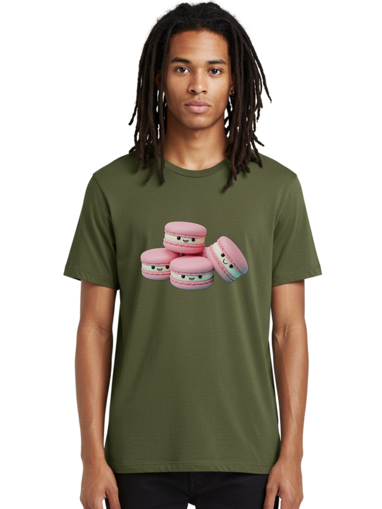 Squishy-Macarons Men'S Graphic Tee, 100% Cotton, Comfortable Casual Summer Wear, Machine Washable, Pink Macarons, Smiling Faces, Cute Desserts, Stack Of Macaroons, Sweet Treats, Adorable Faces, Tasty Macarons, Dessert Lovers, Kawaii Food Bab445 17