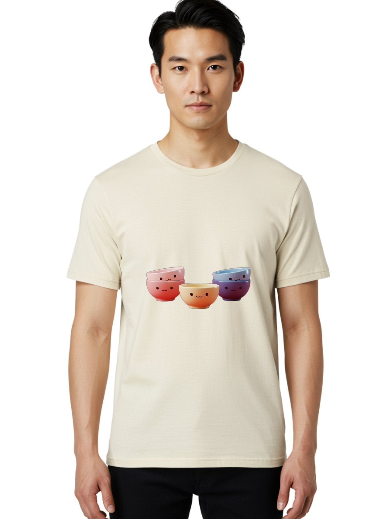 Stacked-Bowls-1 Men'S Graphic Tee, 100% Cotton, Comfortable Casual Summer Wear, Machine Washable, Ceramic Bowls, Smiling Faces, Colorful Dinnerware, Pastel Colors, Happy Kitchen Accessories, Table Setting, Cute Home Decor, Unique Gift Ideas Bab447 25