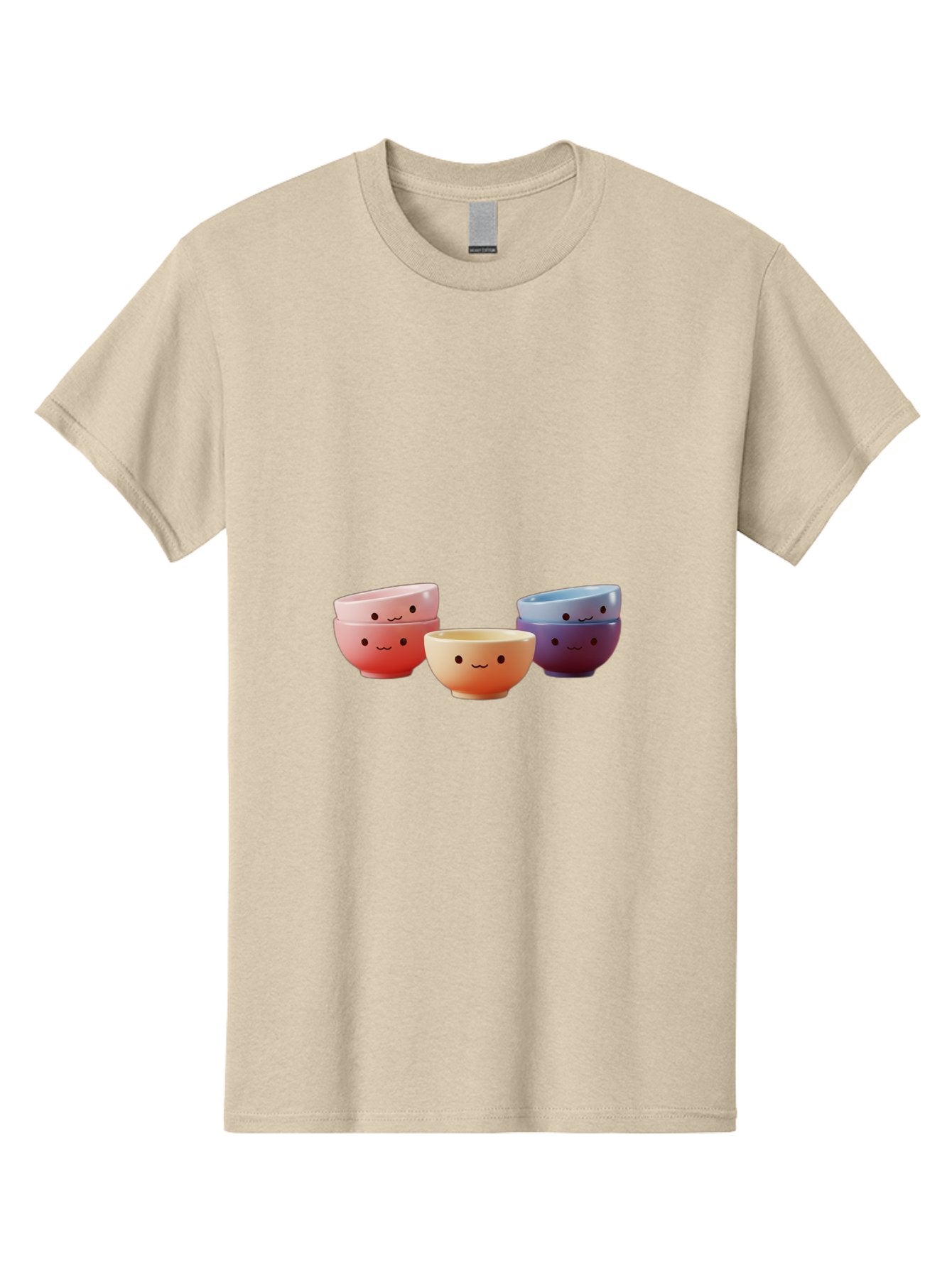 Stacked-Bowls-1 Men'S Graphic Tee, 100% Cotton, Comfortable Casual Summer Wear, Machine Washable, Ceramic Bowls, Smiling Faces, Colorful Dinnerware, Pastel Colors, Happy Kitchen Accessories, Table Setting, Cute Home Decor, Unique Gift Ideas Bab447 3