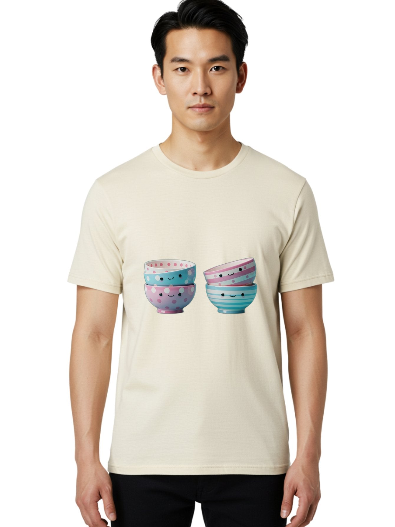 Stacked-Bowls-2 Men'S Graphic Tee, 100% Cotton, Comfortable Casual Summer Wear, Machine Washable, Stacked Bowls, Pastel Colors, Polka Dots, Stripes, Cute Faces, Smiling Bowls, Playful Tableware, Colorful Kitchenware, Whimsical Design, Bab448 17
