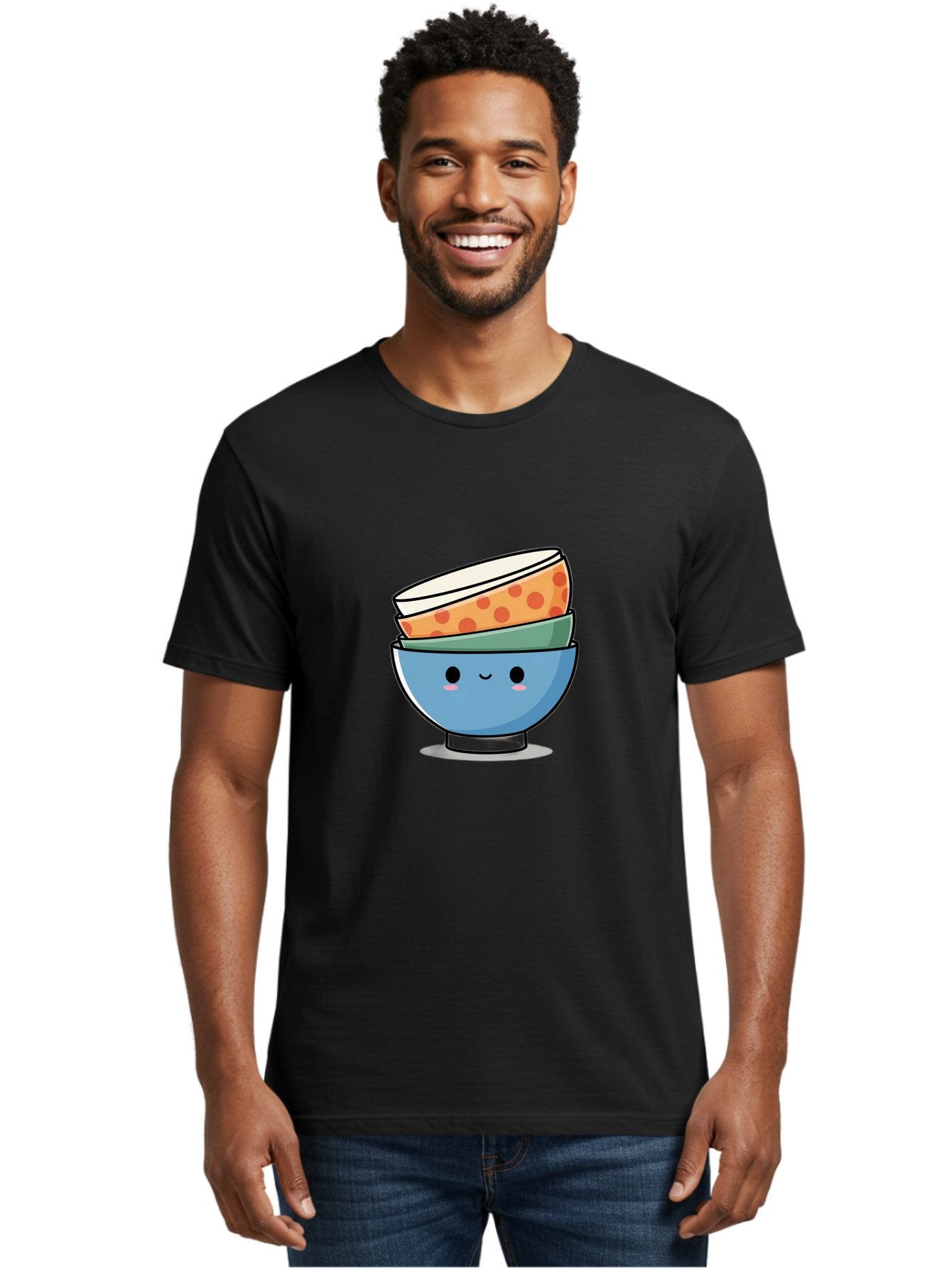 Stacked-Bowls Men'S Graphic Tee, 100% Cotton, Comfortable Casual Summer Wear, Machine Washable, Stacked Bowls, Cartoon Character, Kitchen Utensils, Tableware, Kawaii Art, Cute Illustration, Playful Design, Smiling Bowls, Colorful Pattern, Bab449 23