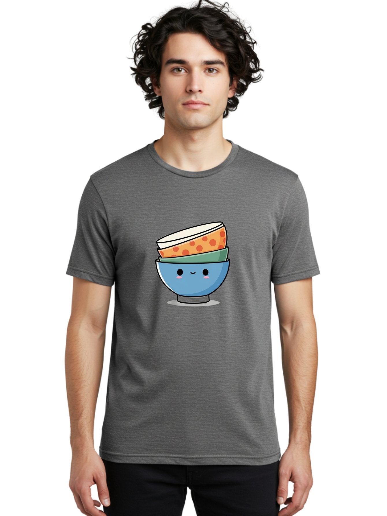 Stacked-Bowls Men'S Graphic Tee, 100% Cotton, Comfortable Casual Summer Wear, Machine Washable, Stacked Bowls, Cartoon Character, Kitchen Utensils, Tableware, Kawaii Art, Cute Illustration, Playful Design, Smiling Bowls, Colorful Pattern, Bab449 28