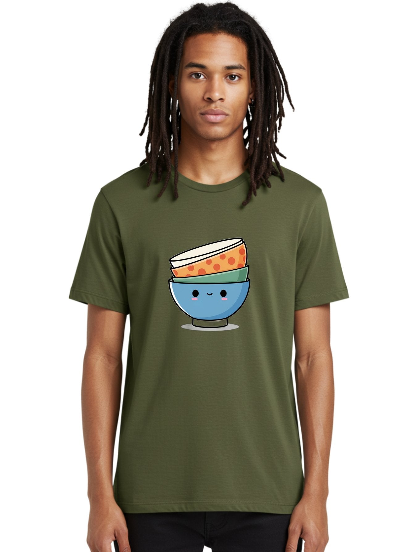 Stacked-Bowls Men'S Graphic Tee, 100% Cotton, Comfortable Casual Summer Wear, Machine Washable, Stacked Bowls, Cartoon Character, Kitchen Utensils, Tableware, Kawaii Art, Cute Illustration, Playful Design, Smiling Bowls, Colorful Pattern, Bab449 24