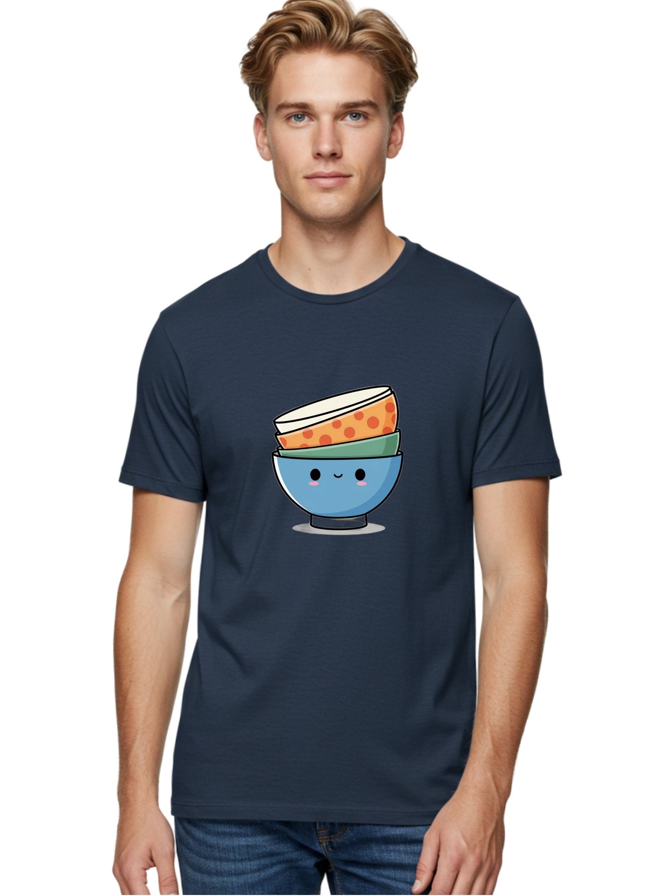 Stacked-Bowls Men'S Graphic Tee, 100% Cotton, Comfortable Casual Summer Wear, Machine Washable, Stacked Bowls, Cartoon Character, Kitchen Utensils, Tableware, Kawaii Art, Cute Illustration, Playful Design, Smiling Bowls, Colorful Pattern, Bab449 26