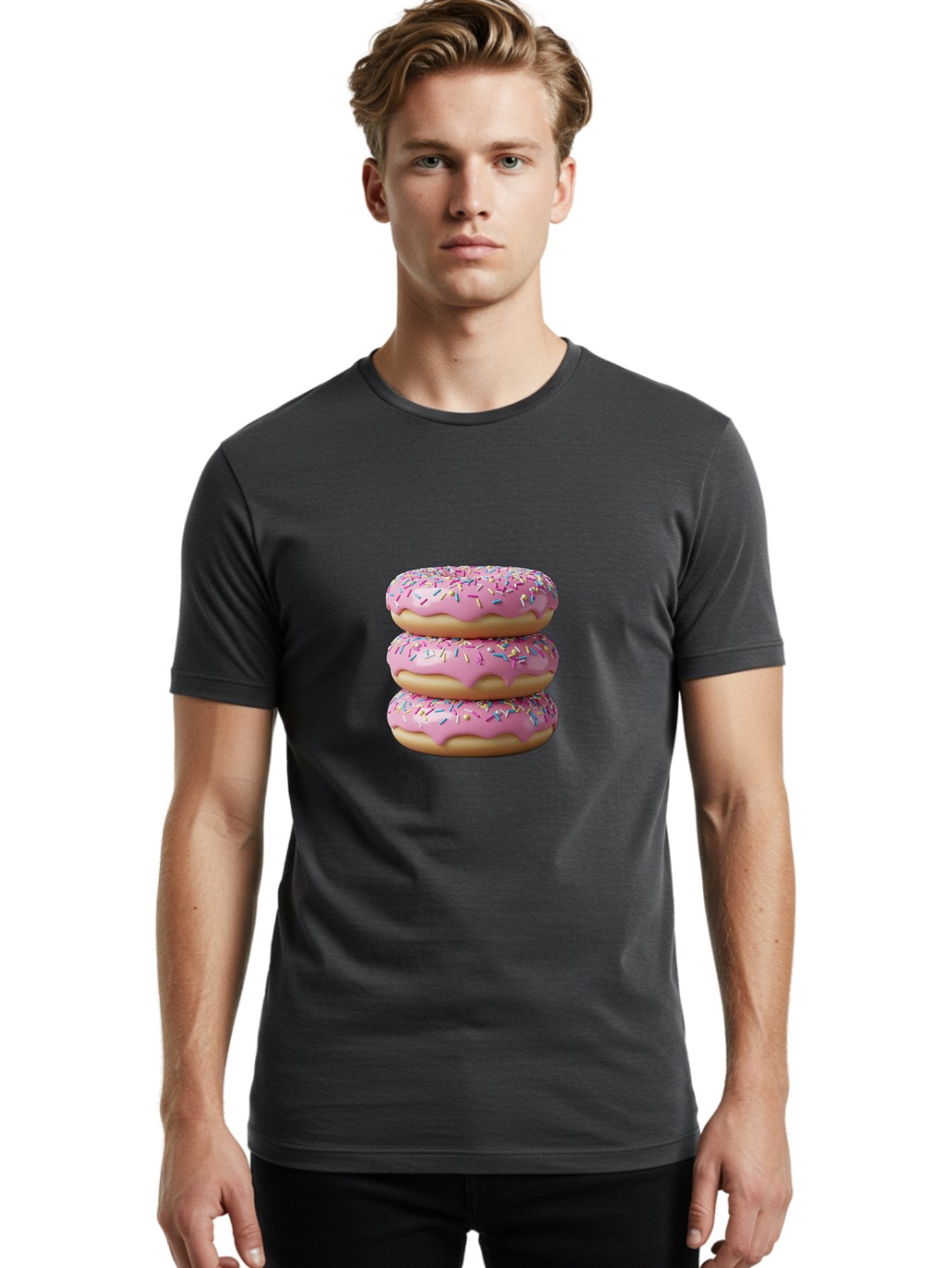 Stacked-Donuts Men'S Graphic Tee, 100% Cotton, Comfortable Casual Summer Wear, Machine Washable, Pink Frosted Donuts, Donuts With Sprinkles, Sweet Treats, Dessert Donuts, Colorful Donuts, Baked Goods, Tasty Pastries, Donut Stack, Sweet Tooth, Bab450 21