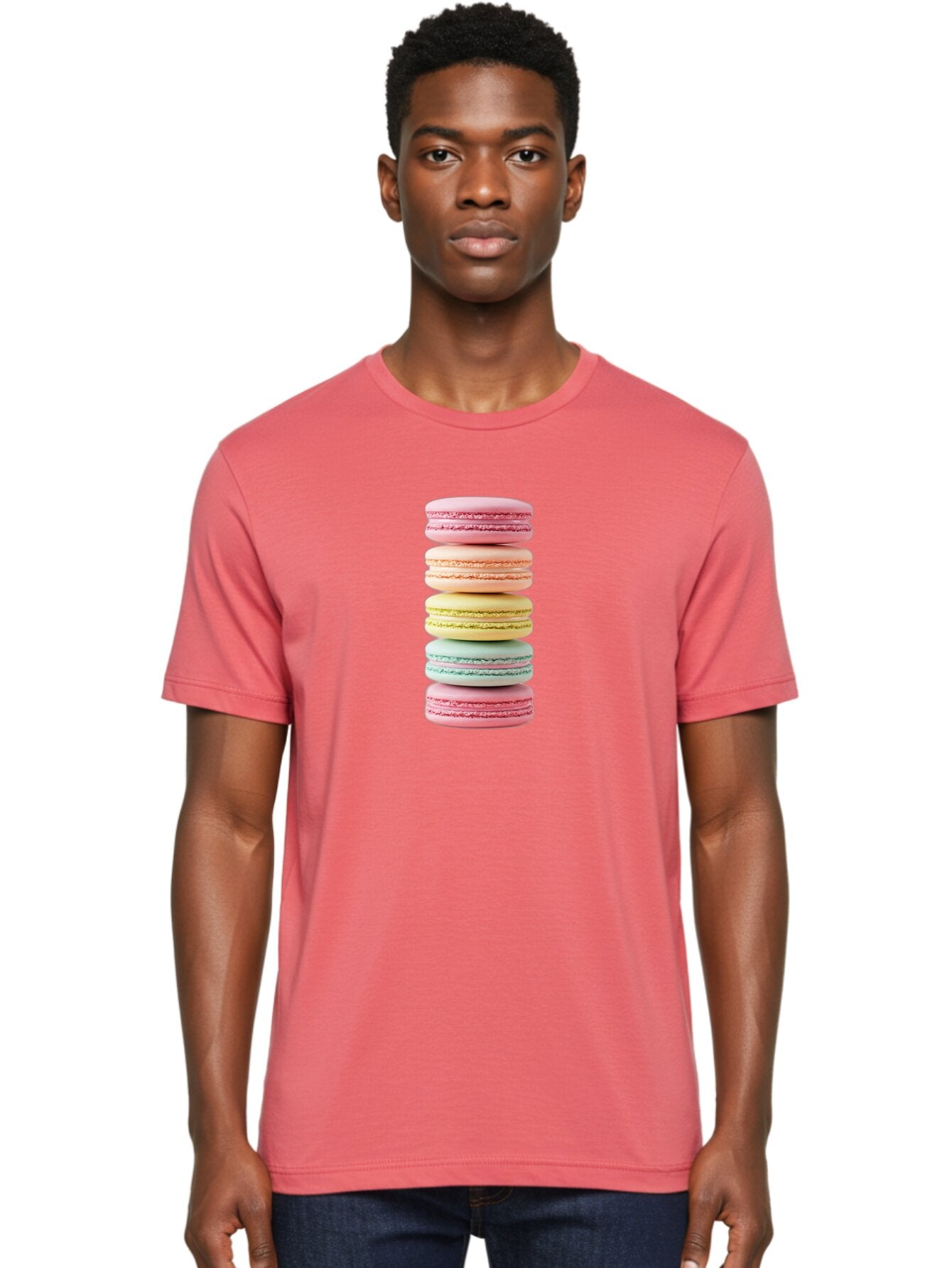 Stacked-Macarons-1 Men'S Graphic Tee, 100% Cotton, Comfortable Casual Summer Wear, Machine Washable, Colorful Macarons, Pastel Colors, Stacked Treats, Sweet Delights, Dessert Lovers, Macaron Tower, French Patisserie, Colorful Sweets, Bab451 30