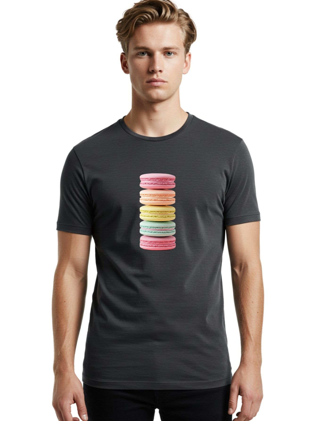 Stacked-Macarons-1 Men'S Graphic Tee, 100% Cotton, Comfortable Casual Summer Wear, Machine Washable, Colorful Macarons, Pastel Colors, Stacked Treats, Sweet Delights, Dessert Lovers, Macaron Tower, French Patisserie, Colorful Sweets, Bab451 23