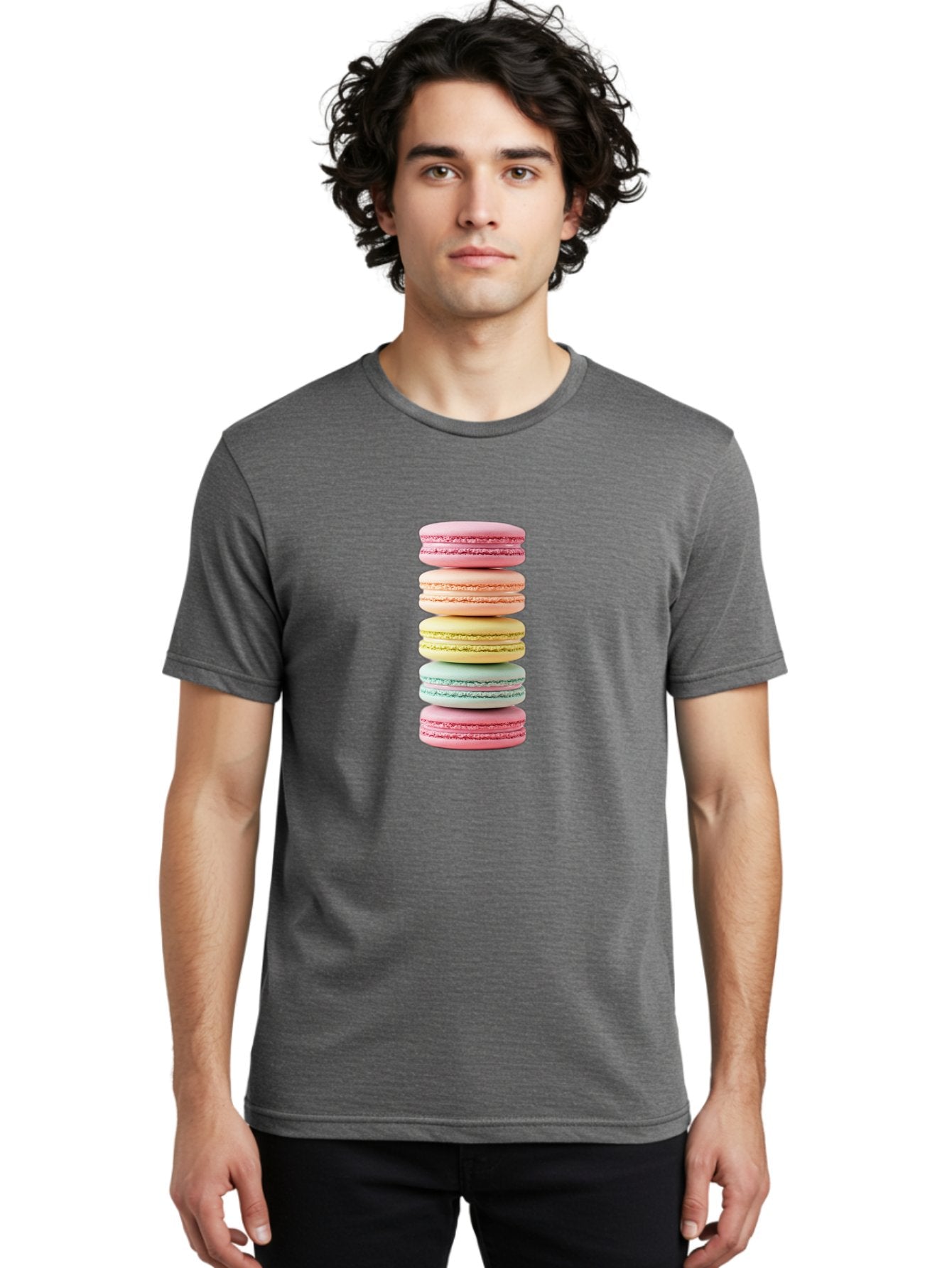 Stacked-Macarons-1 Men'S Graphic Tee, 100% Cotton, Comfortable Casual Summer Wear, Machine Washable, Colorful Macarons, Pastel Colors, Stacked Treats, Sweet Delights, Dessert Lovers, Macaron Tower, French Patisserie, Colorful Sweets, Bab451 19