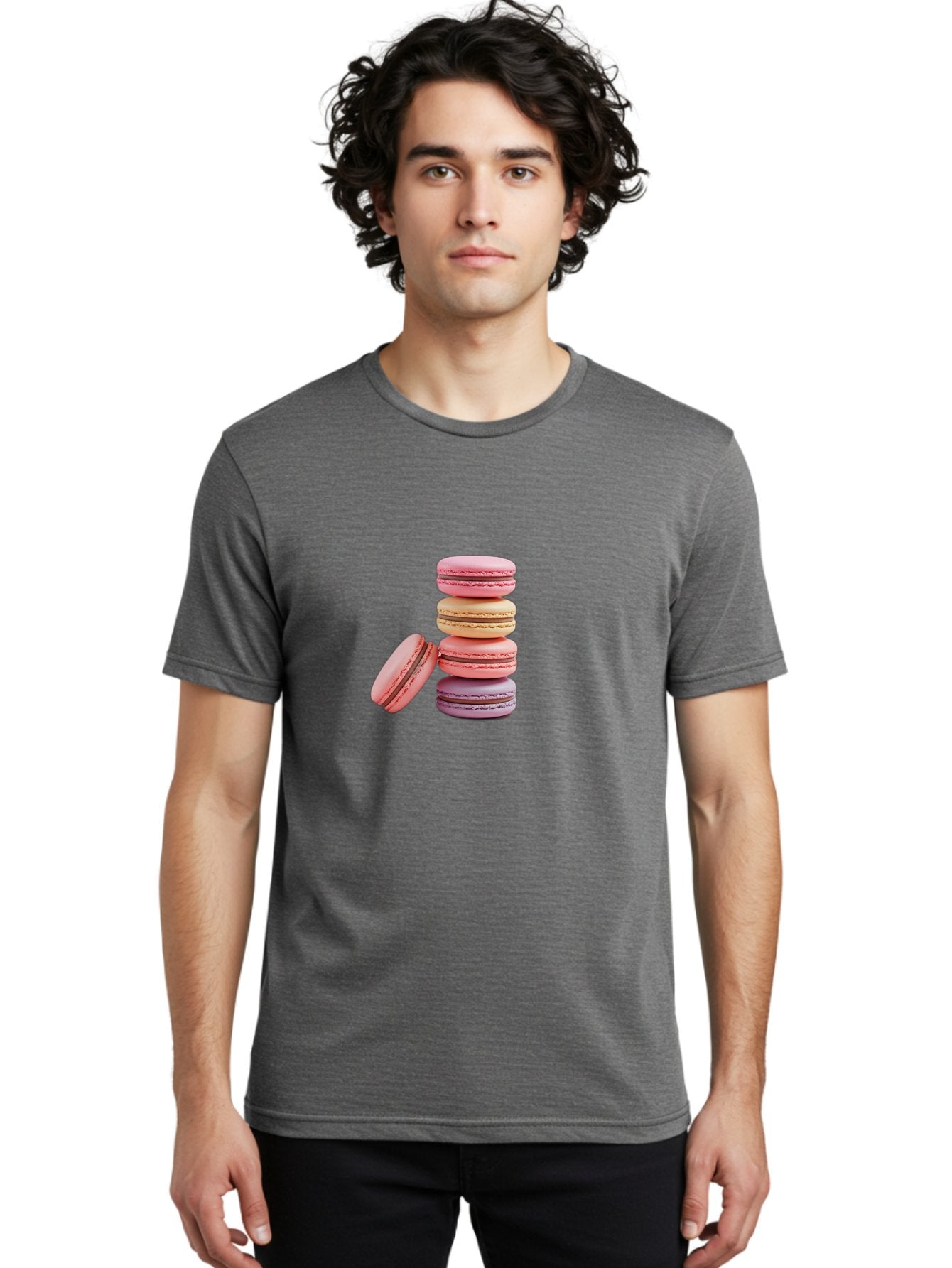 Stacked-Macarons-2 Men'S Graphic Tee, 100% Cotton, Comfortable Casual Summer Wear, Machine Washable, Assorted Macarons, Pastel Colors, French Desserts, Sweets, Desserts, Macaron Stack, Confectionery, Delicate Cookies, Sweet Treats, Bab452 21