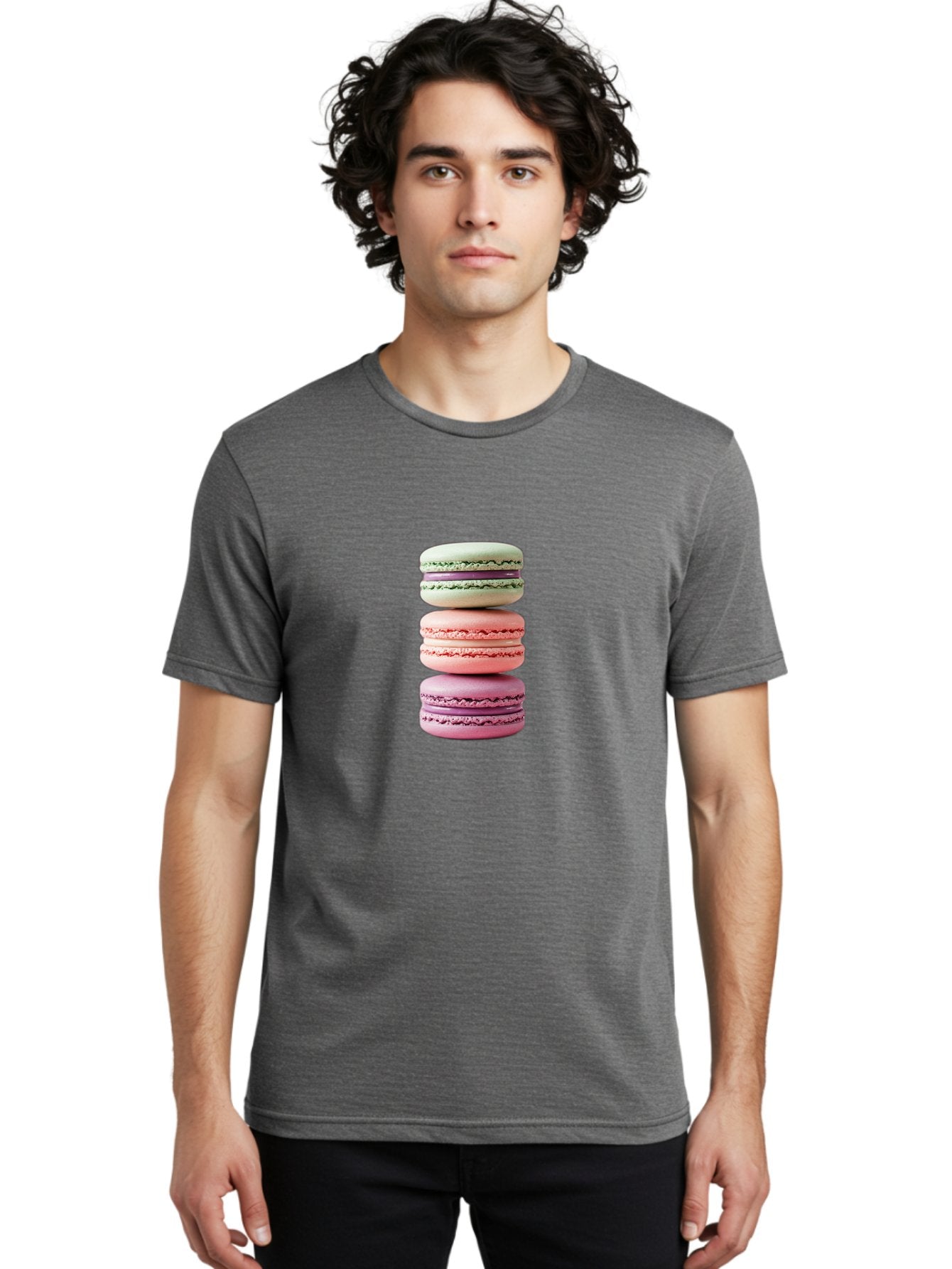 Stacked-Macarons-4 Men'S Graphic Tee, 100% Cotton, Comfortable Casual Summer Wear, Machine Washable, Pink And White Macarons, Stacked Macarons, Pastel Colors, French Desserts, Sweet Treats, Baked Goods, Delicate Texture, Creamy Filling Bab454 16