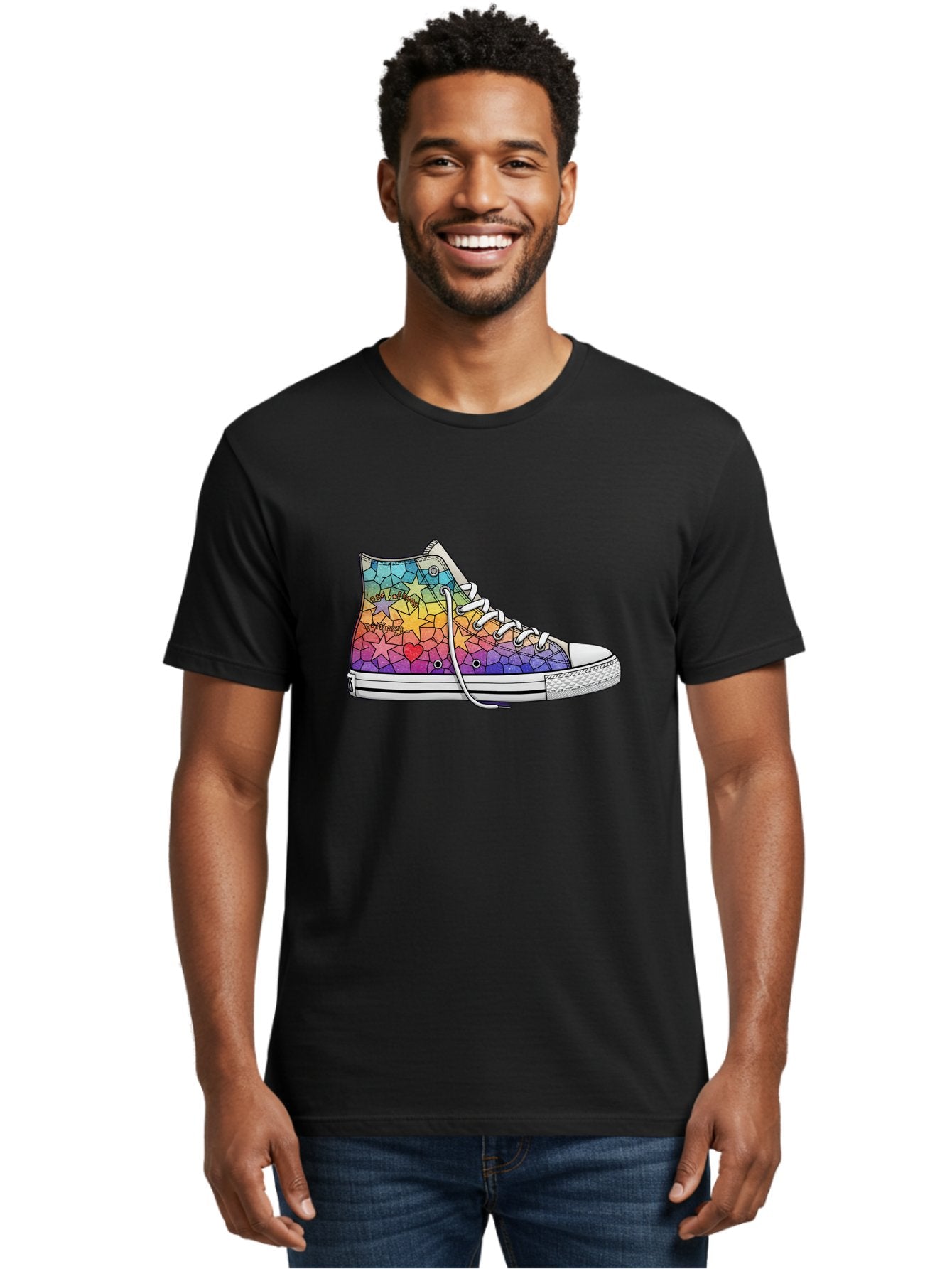 Stained-Glass-Sneaker Men'S Graphic Tee, 100% Cotton, Comfortable Casual Summer Wear, Machine Washable, Colorful Sneakers, Rainbow Stars, Mosaic Art, Vibrant Footwear, Playful Design, Custom Kicks, Funky Fashion, Trendy Shoes, Streetwear Bab456 24