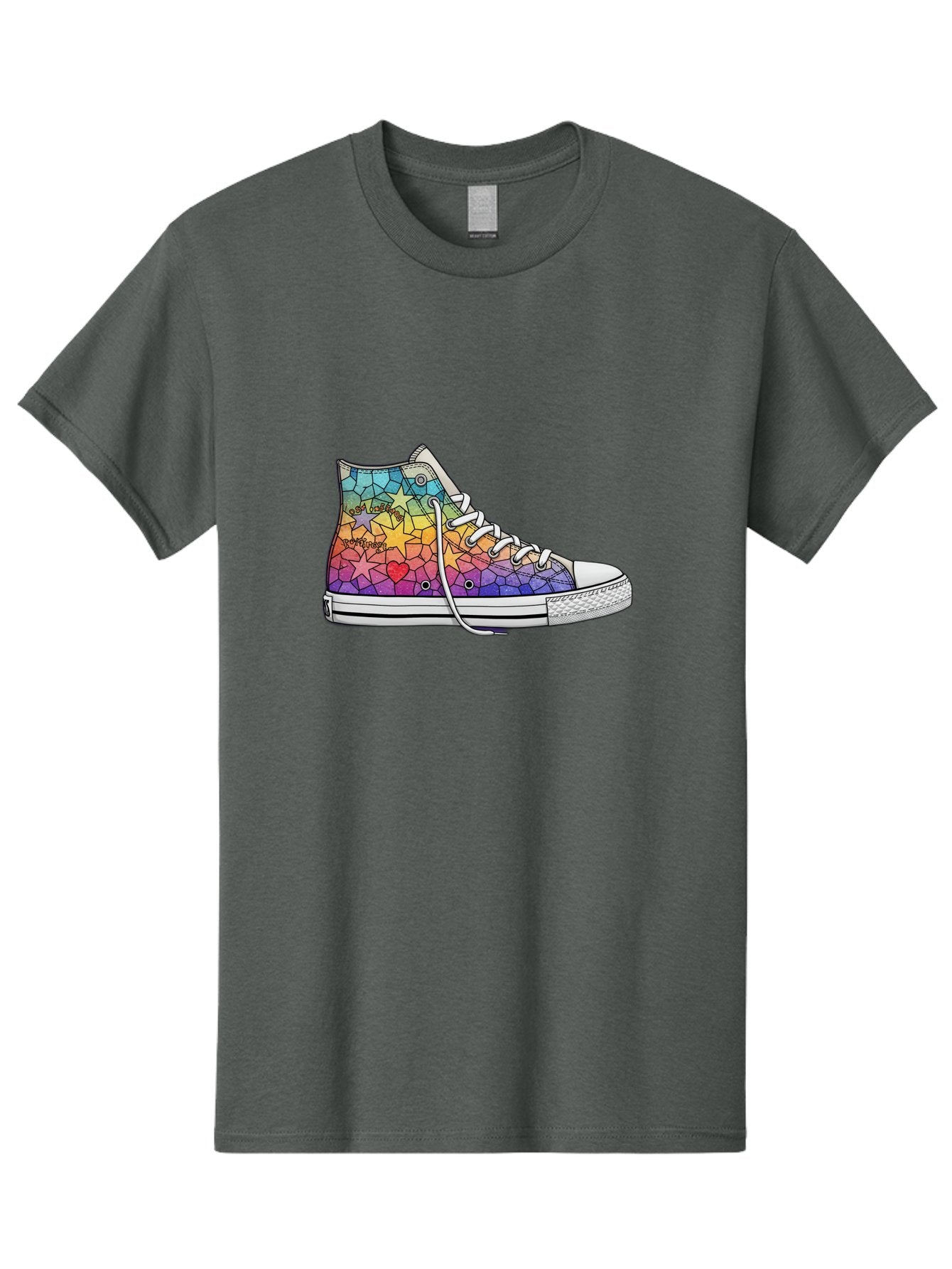 Stained-Glass-Sneaker Men'S Graphic Tee, 100% Cotton, Comfortable Casual Summer Wear, Machine Washable, Colorful Sneakers, Rainbow Stars, Mosaic Art, Vibrant Footwear, Playful Design, Custom Kicks, Funky Fashion, Trendy Shoes, Streetwear Bab456 4