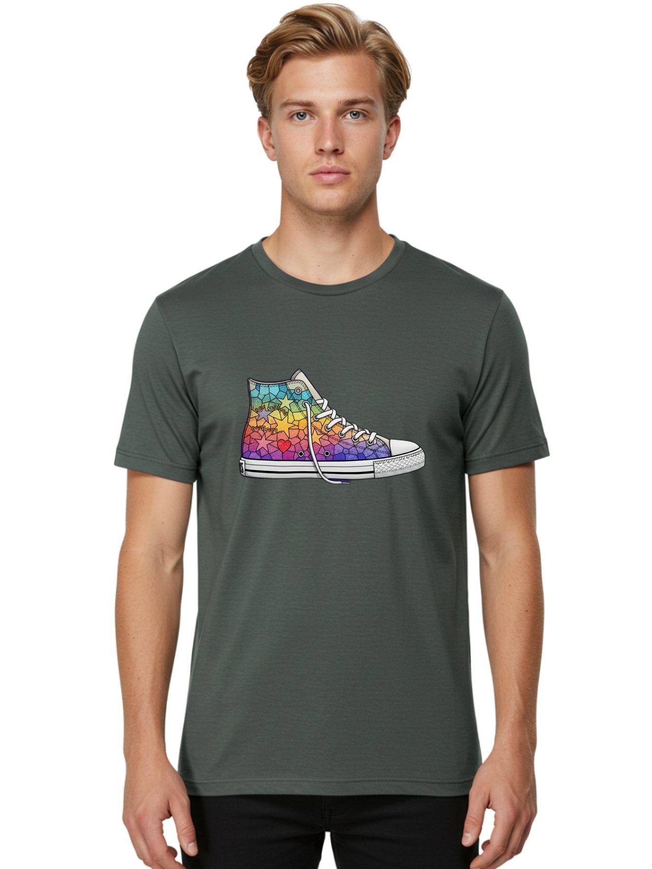 Stained-Glass-Sneaker Men'S Graphic Tee, 100% Cotton, Comfortable Casual Summer Wear, Machine Washable, Colorful Sneakers, Rainbow Stars, Mosaic Art, Vibrant Footwear, Playful Design, Custom Kicks, Funky Fashion, Trendy Shoes, Streetwear Bab456 18