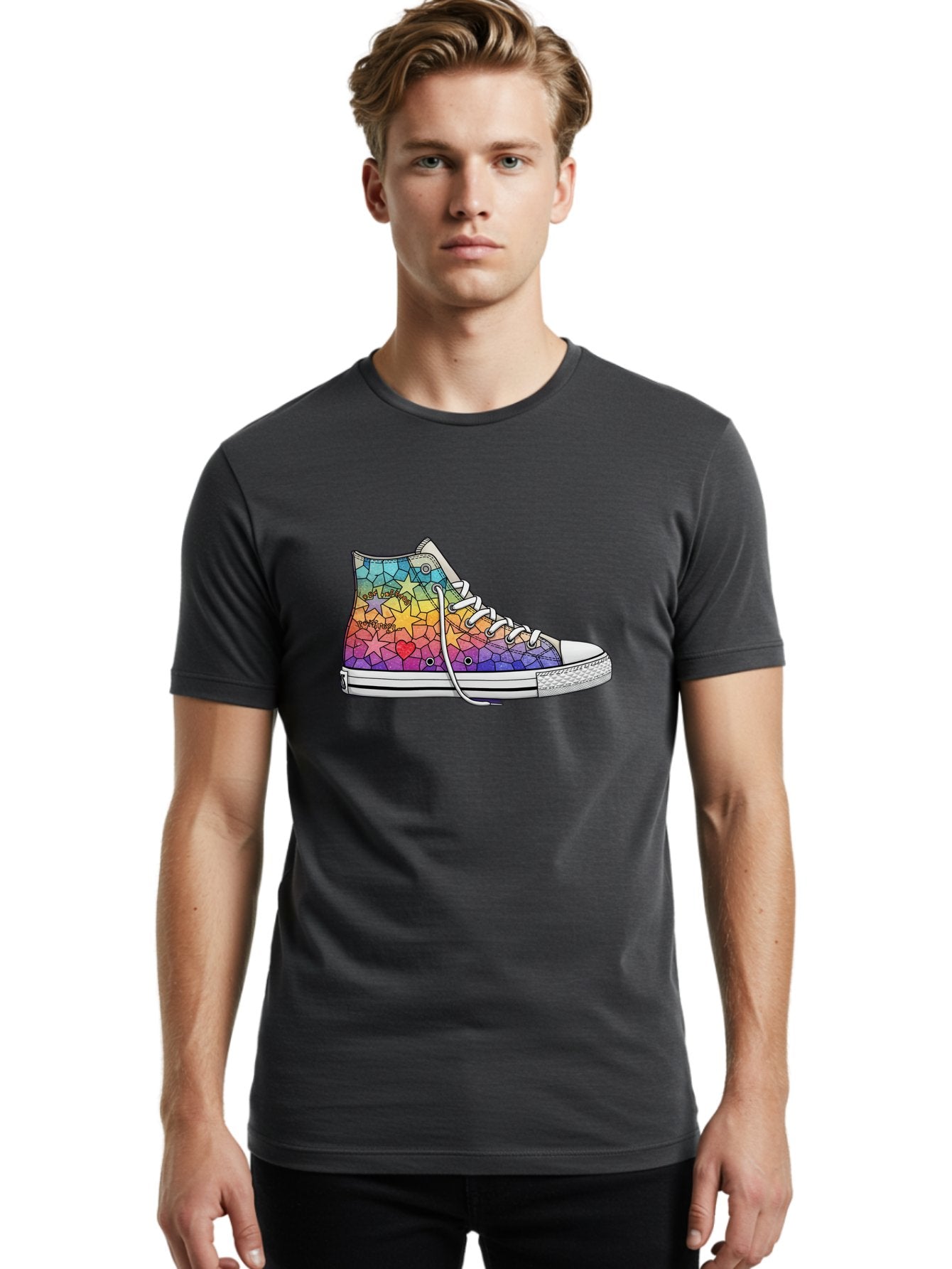 Stained-Glass-Sneaker Men'S Graphic Tee, 100% Cotton, Comfortable Casual Summer Wear, Machine Washable, Colorful Sneakers, Rainbow Stars, Mosaic Art, Vibrant Footwear, Playful Design, Custom Kicks, Funky Fashion, Trendy Shoes, Streetwear Bab456 21