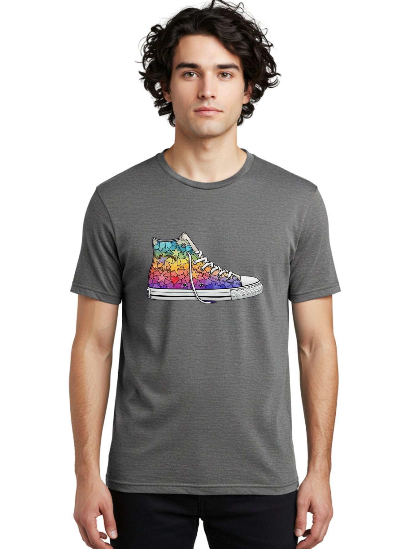 Stained-Glass-Sneaker Men'S Graphic Tee, 100% Cotton, Comfortable Casual Summer Wear, Machine Washable, Colorful Sneakers, Rainbow Stars, Mosaic Art, Vibrant Footwear, Playful Design, Custom Kicks, Funky Fashion, Trendy Shoes, Streetwear Bab456 26