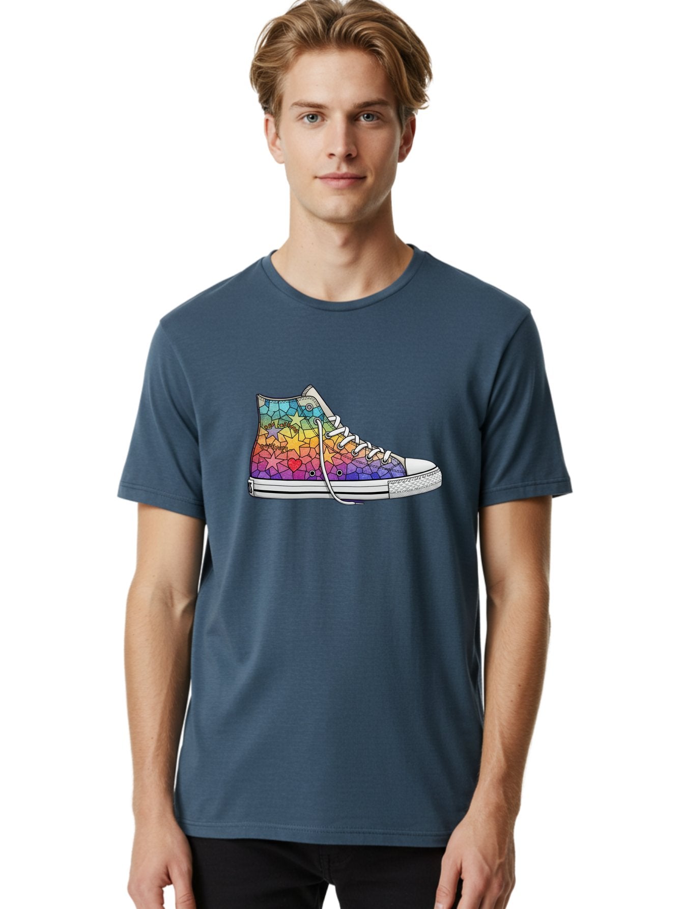 Stained-Glass-Sneaker Men'S Graphic Tee, 100% Cotton, Comfortable Casual Summer Wear, Machine Washable, Colorful Sneakers, Rainbow Stars, Mosaic Art, Vibrant Footwear, Playful Design, Custom Kicks, Funky Fashion, Trendy Shoes, Streetwear Bab456 17