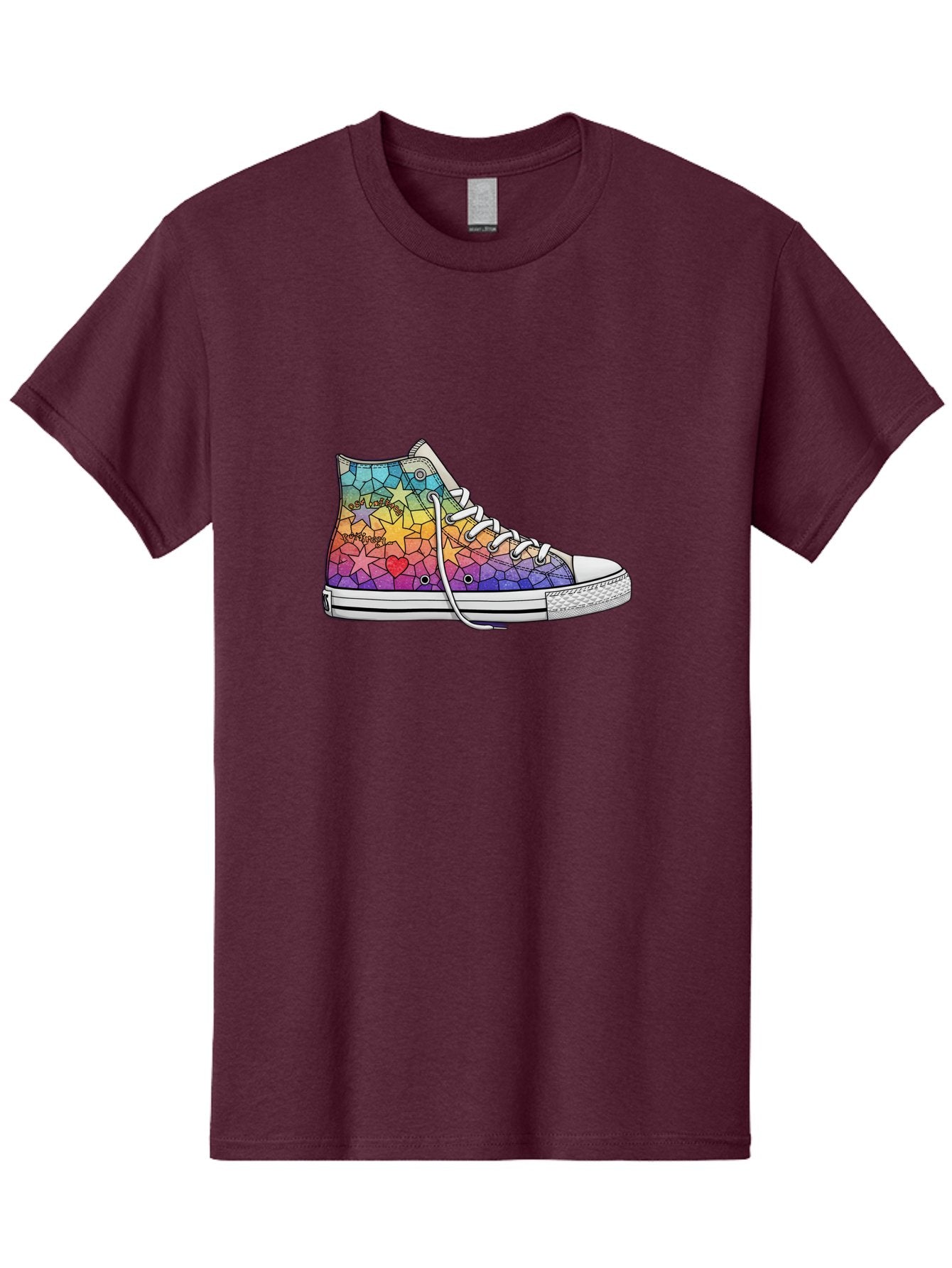Stained-Glass-Sneaker Men'S Graphic Tee, 100% Cotton, Comfortable Casual Summer Wear, Machine Washable, Colorful Sneakers, Rainbow Stars, Mosaic Art, Vibrant Footwear, Playful Design, Custom Kicks, Funky Fashion, Trendy Shoes, Streetwear Bab456 15