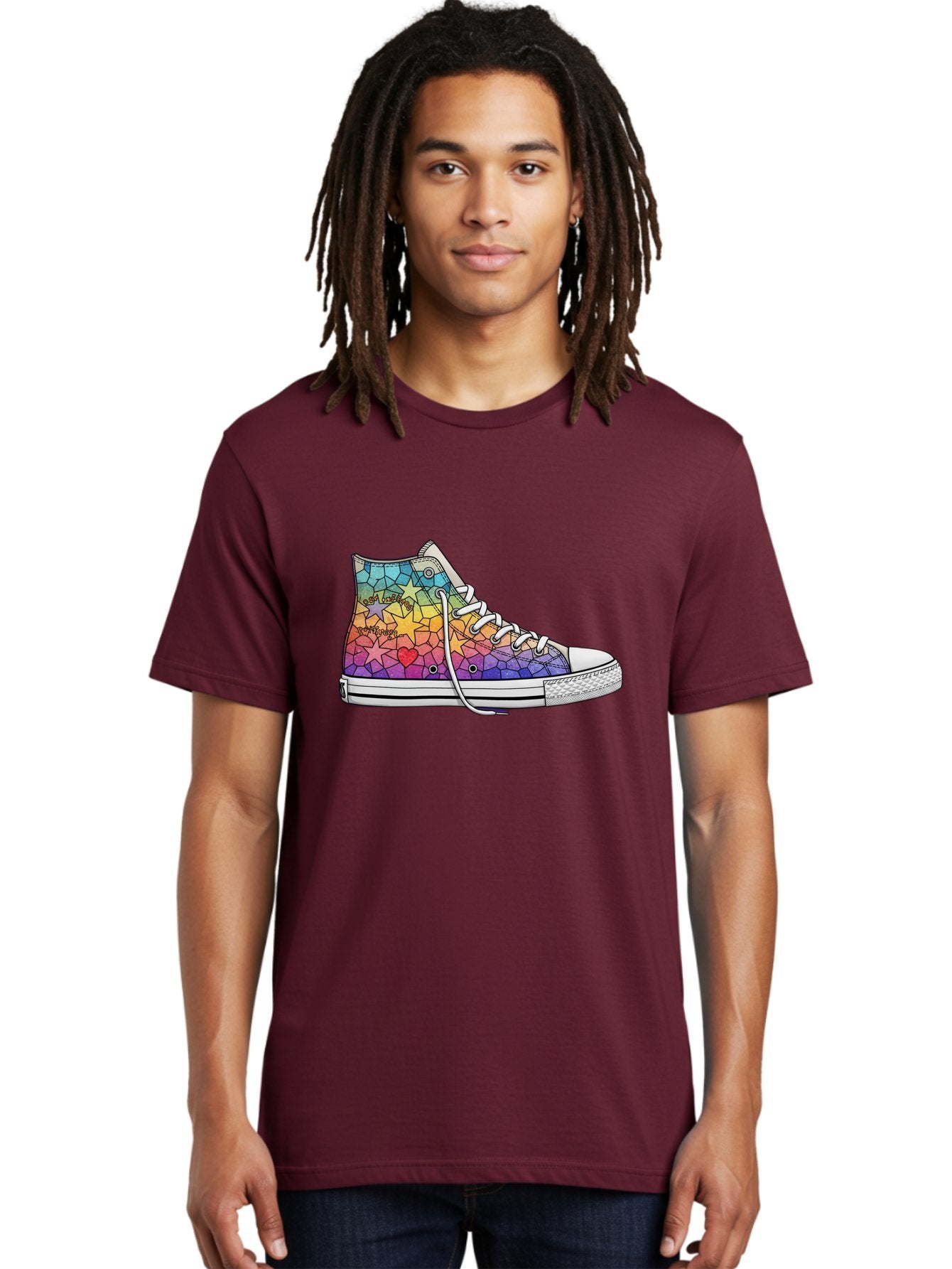 Stained-Glass-Sneaker Men'S Graphic Tee, 100% Cotton, Comfortable Casual Summer Wear, Machine Washable, Colorful Sneakers, Rainbow Stars, Mosaic Art, Vibrant Footwear, Playful Design, Custom Kicks, Funky Fashion, Trendy Shoes, Streetwear Bab456 30