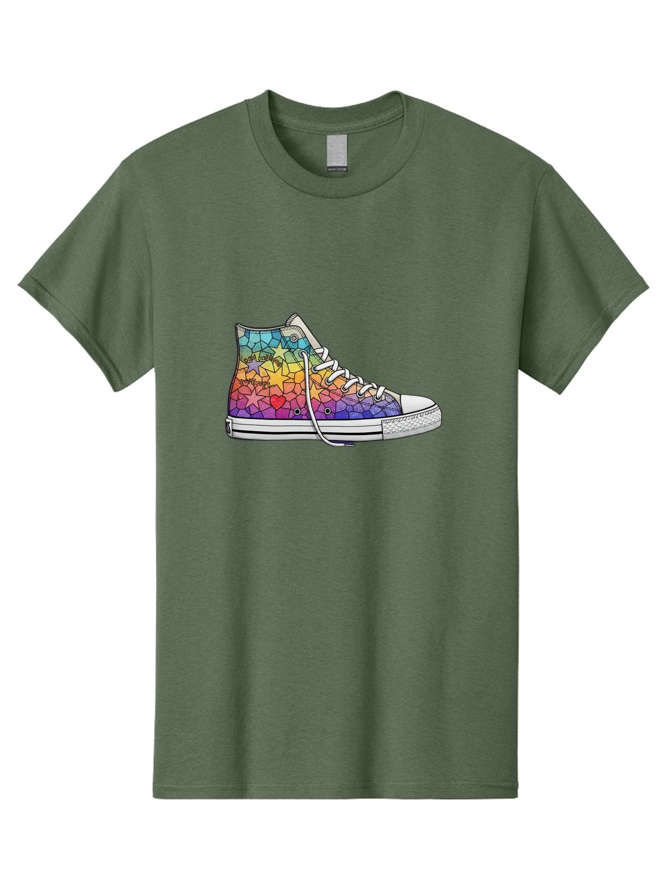 Stained-Glass-Sneaker Men'S Graphic Tee, 100% Cotton, Comfortable Casual Summer Wear, Machine Washable, Colorful Sneakers, Rainbow Stars, Mosaic Art, Vibrant Footwear, Playful Design, Custom Kicks, Funky Fashion, Trendy Shoes, Streetwear Bab456 5