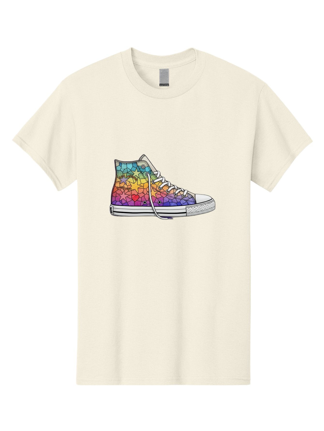 Stained-Glass-Sneaker Men'S Graphic Tee, 100% Cotton, Comfortable Casual Summer Wear, Machine Washable, Colorful Sneakers, Rainbow Stars, Mosaic Art, Vibrant Footwear, Playful Design, Custom Kicks, Funky Fashion, Trendy Shoes, Streetwear Bab456 12