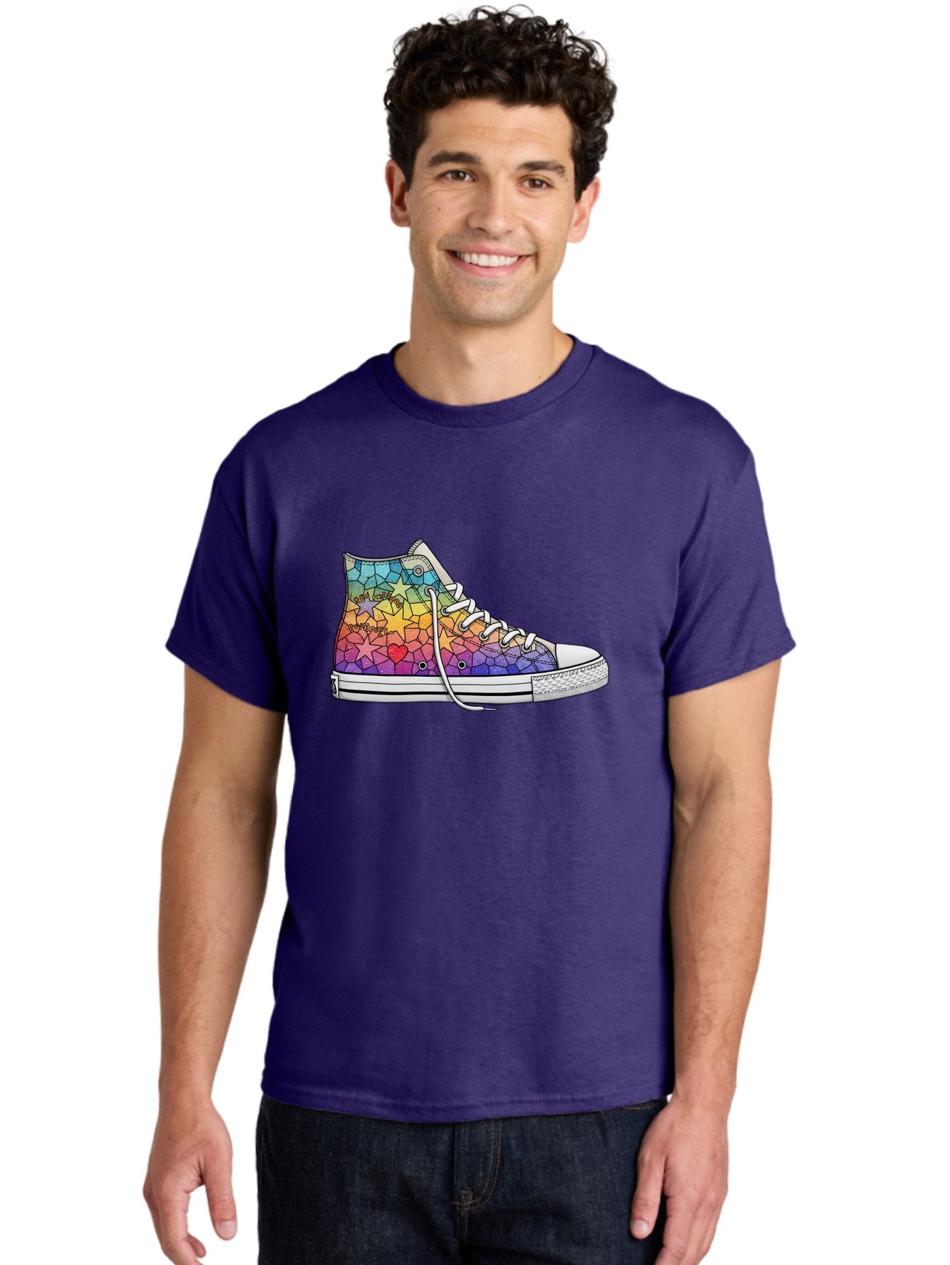 Stained-Glass-Sneaker Men'S Graphic Tee, 100% Cotton, Comfortable Casual Summer Wear, Machine Washable, Colorful Sneakers, Rainbow Stars, Mosaic Art, Vibrant Footwear, Playful Design, Custom Kicks, Funky Fashion, Trendy Shoes, Streetwear Bab456 29