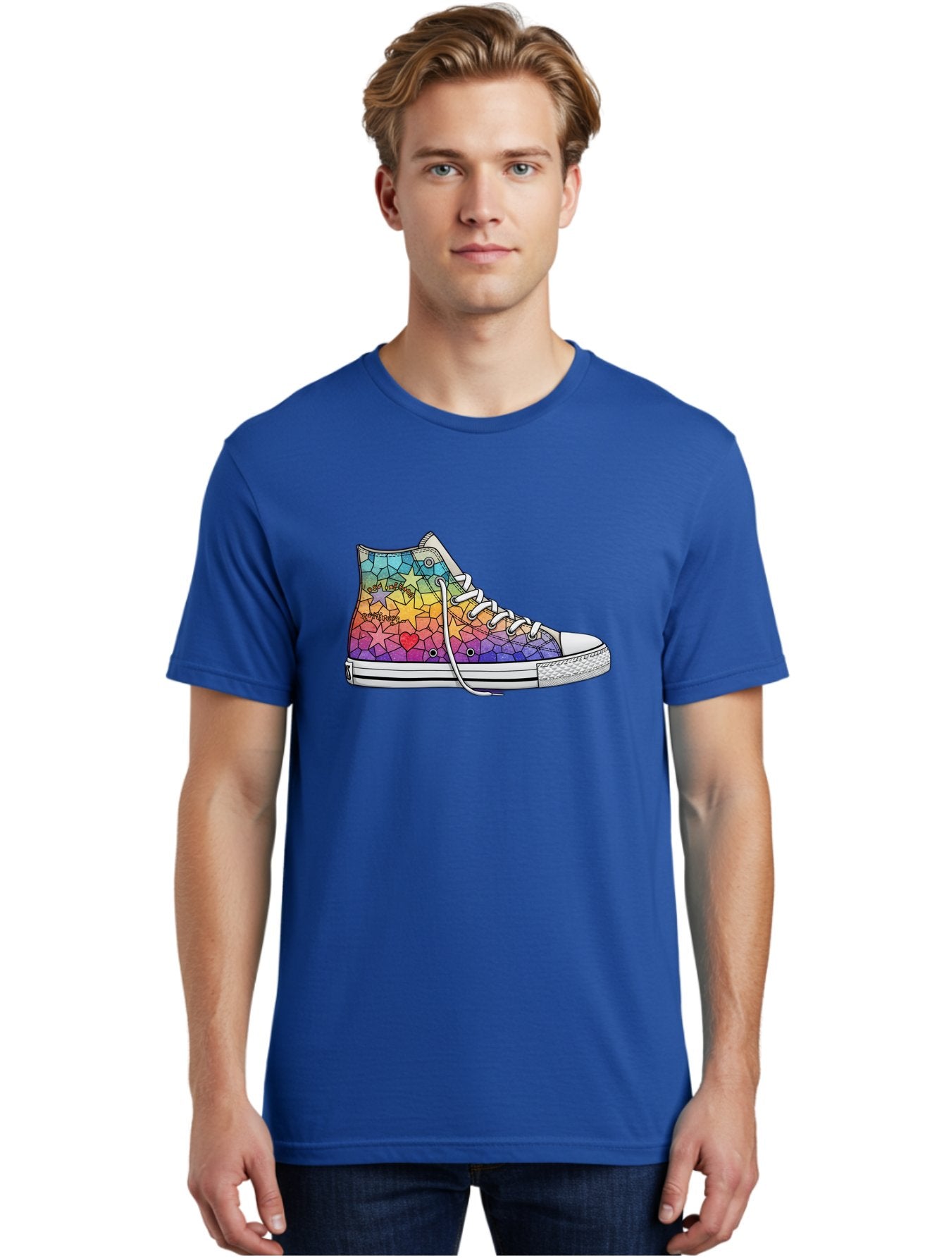 Stained-Glass-Sneaker Men'S Graphic Tee, 100% Cotton, Comfortable Casual Summer Wear, Machine Washable, Colorful Sneakers, Rainbow Stars, Mosaic Art, Vibrant Footwear, Playful Design, Custom Kicks, Funky Fashion, Trendy Shoes, Streetwear Bab456 16