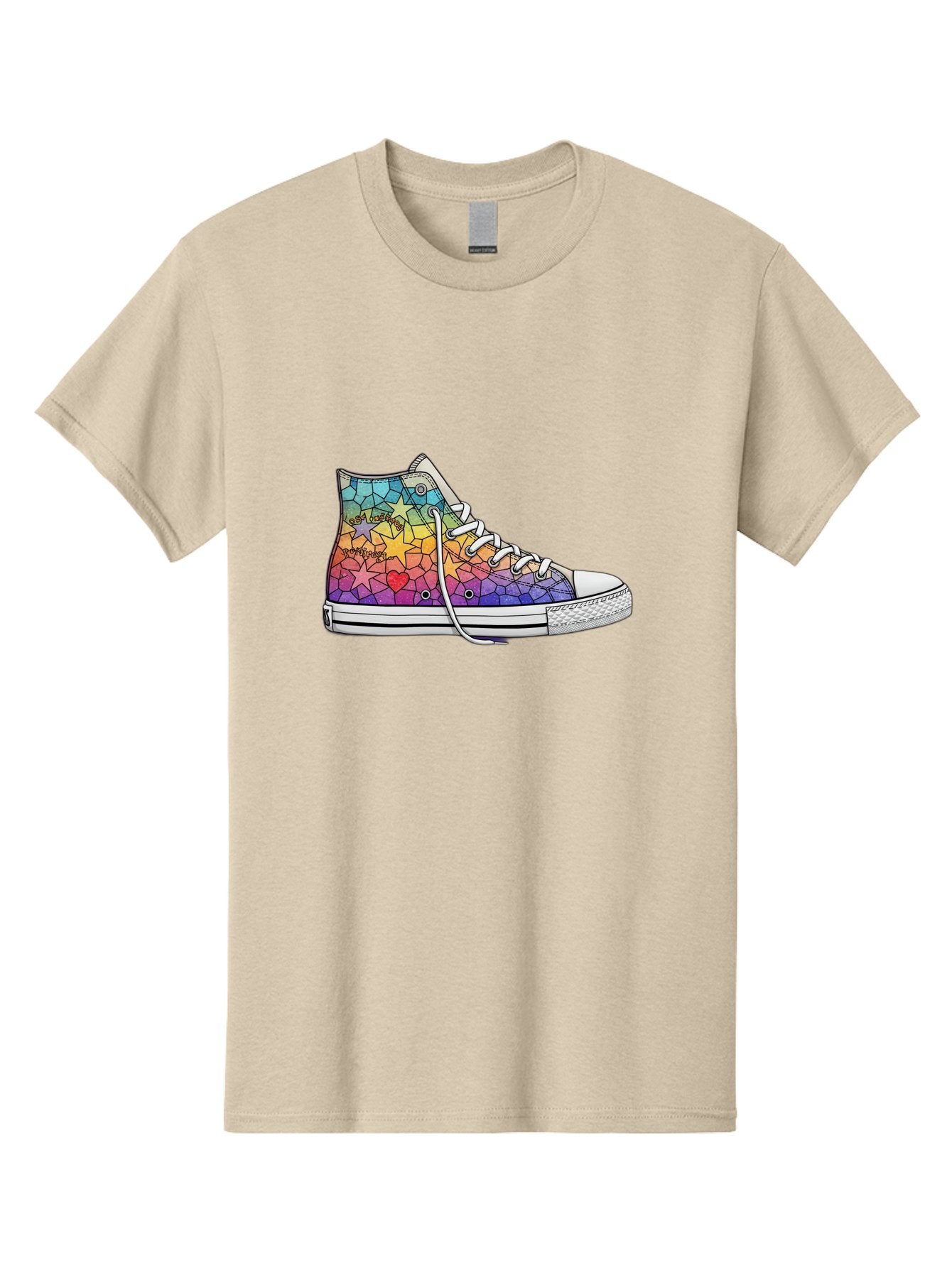 Stained-Glass-Sneaker Men'S Graphic Tee, 100% Cotton, Comfortable Casual Summer Wear, Machine Washable, Colorful Sneakers, Rainbow Stars, Mosaic Art, Vibrant Footwear, Playful Design, Custom Kicks, Funky Fashion, Trendy Shoes, Streetwear Bab456 3