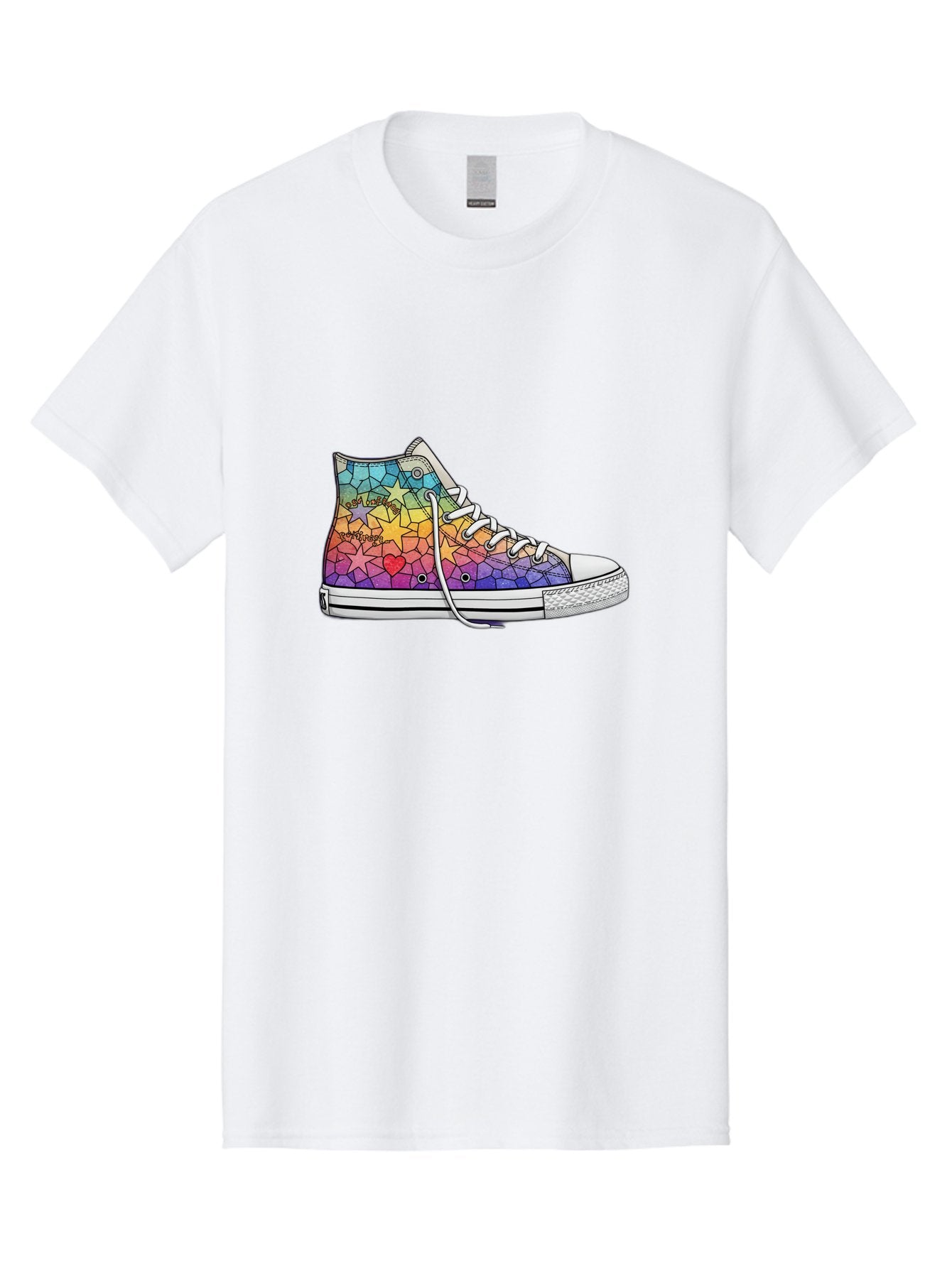 Stained-Glass-Sneaker Men'S Graphic Tee, 100% Cotton, Comfortable Casual Summer Wear, Machine Washable, Colorful Sneakers, Rainbow Stars, Mosaic Art, Vibrant Footwear, Playful Design, Custom Kicks, Funky Fashion, Trendy Shoes, Streetwear Bab456 8