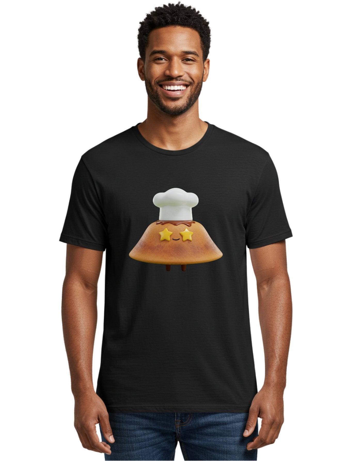 Star-Dosa Men'S Graphic Tee, 100% Cotton, Comfortable Casual Summer Wear, Machine Washable, Smiling Pancake, Chef Hat, Yellow Stars, Chocolate Sauce, Cute Breakfast Food, Adorable Cartoon Character, Fluffy Pancake, Happy Face, Breakfast Theme Bab457 20