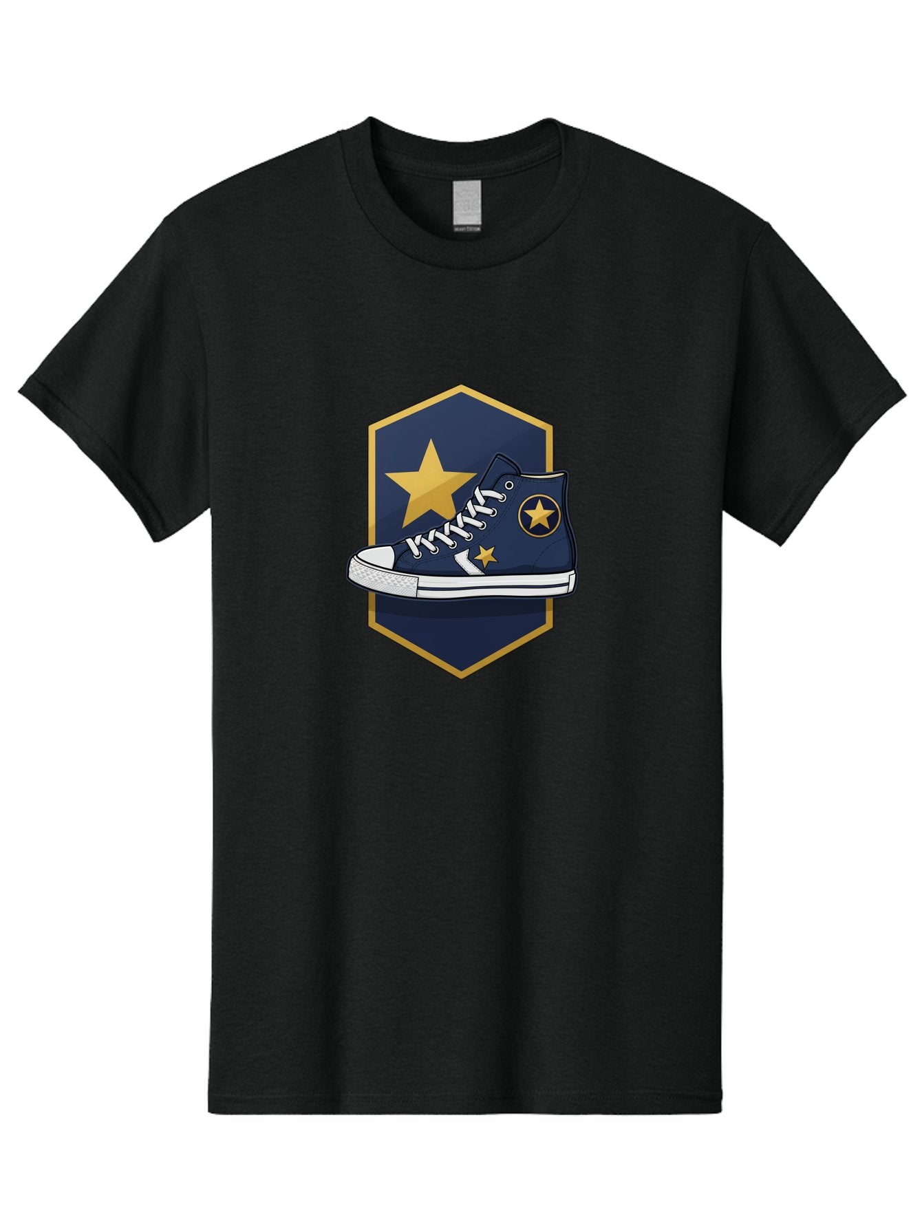 Star-Sneaker Men'S Graphic Tee, 100% Cotton, Comfortable Casual Summer Wear, Machine Washable, Navy Blue Sneaker, White Laces, Yellow Stars, Converse Style, Casual Footwear, Streetwear Fashion, Athletic Shoe, Bold Design, Gold Accents Bab458 15