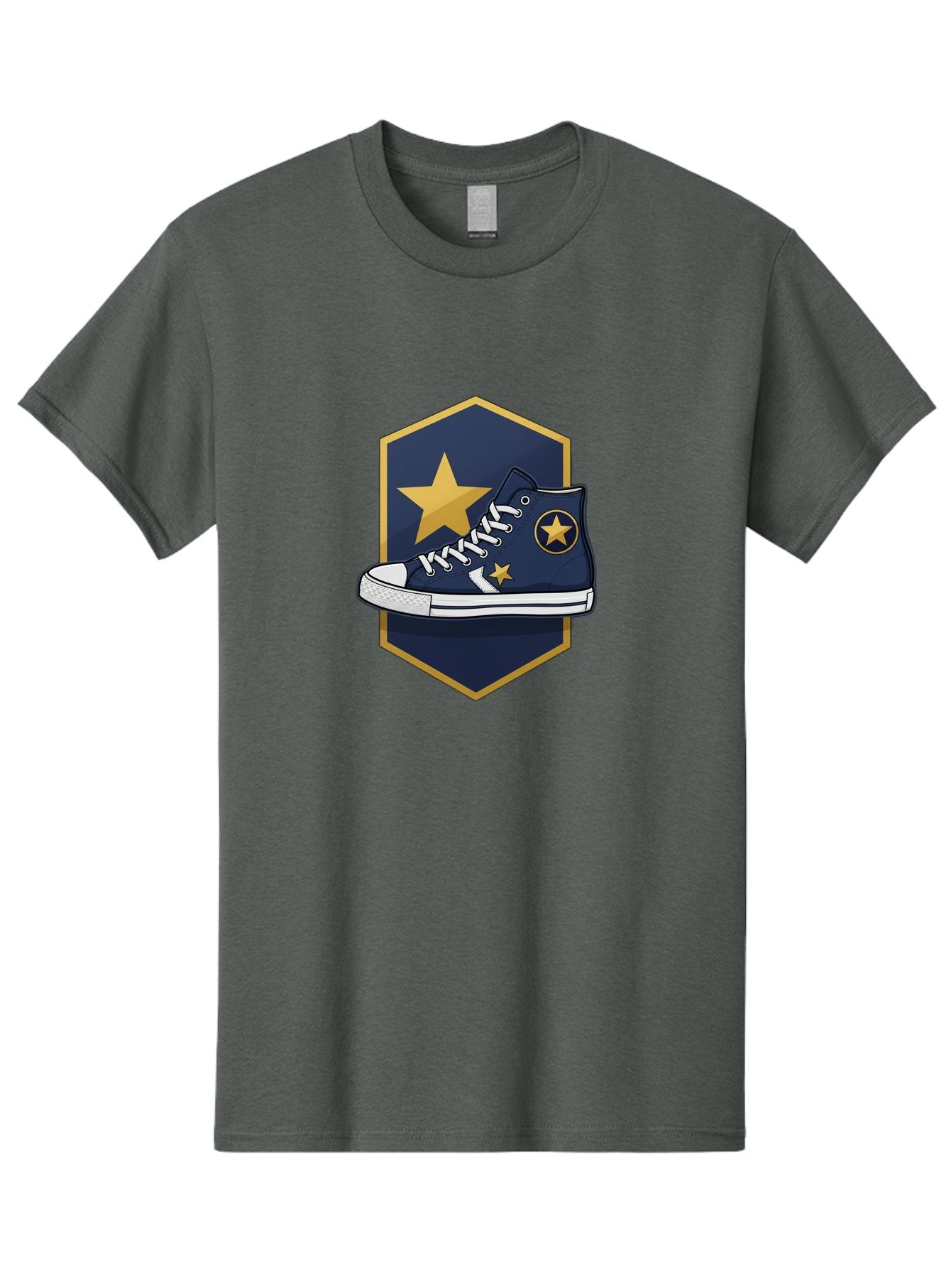 Star-Sneaker Men'S Graphic Tee, 100% Cotton, Comfortable Casual Summer Wear, Machine Washable, Navy Blue Sneaker, White Laces, Yellow Stars, Converse Style, Casual Footwear, Streetwear Fashion, Athletic Shoe, Bold Design, Gold Accents Bab458 7