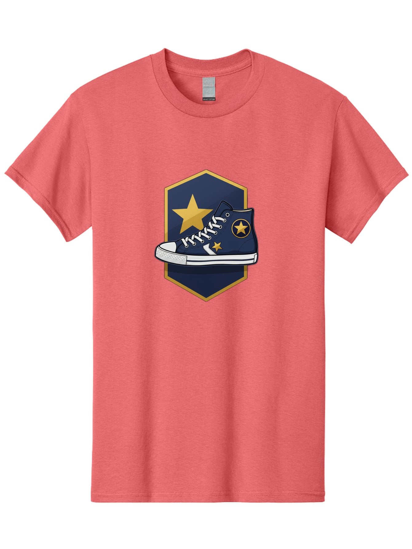 Star-Sneaker Men'S Graphic Tee, 100% Cotton, Comfortable Casual Summer Wear, Machine Washable, Navy Blue Sneaker, White Laces, Yellow Stars, Converse Style, Casual Footwear, Streetwear Fashion, Athletic Shoe, Bold Design, Gold Accents Bab458 12