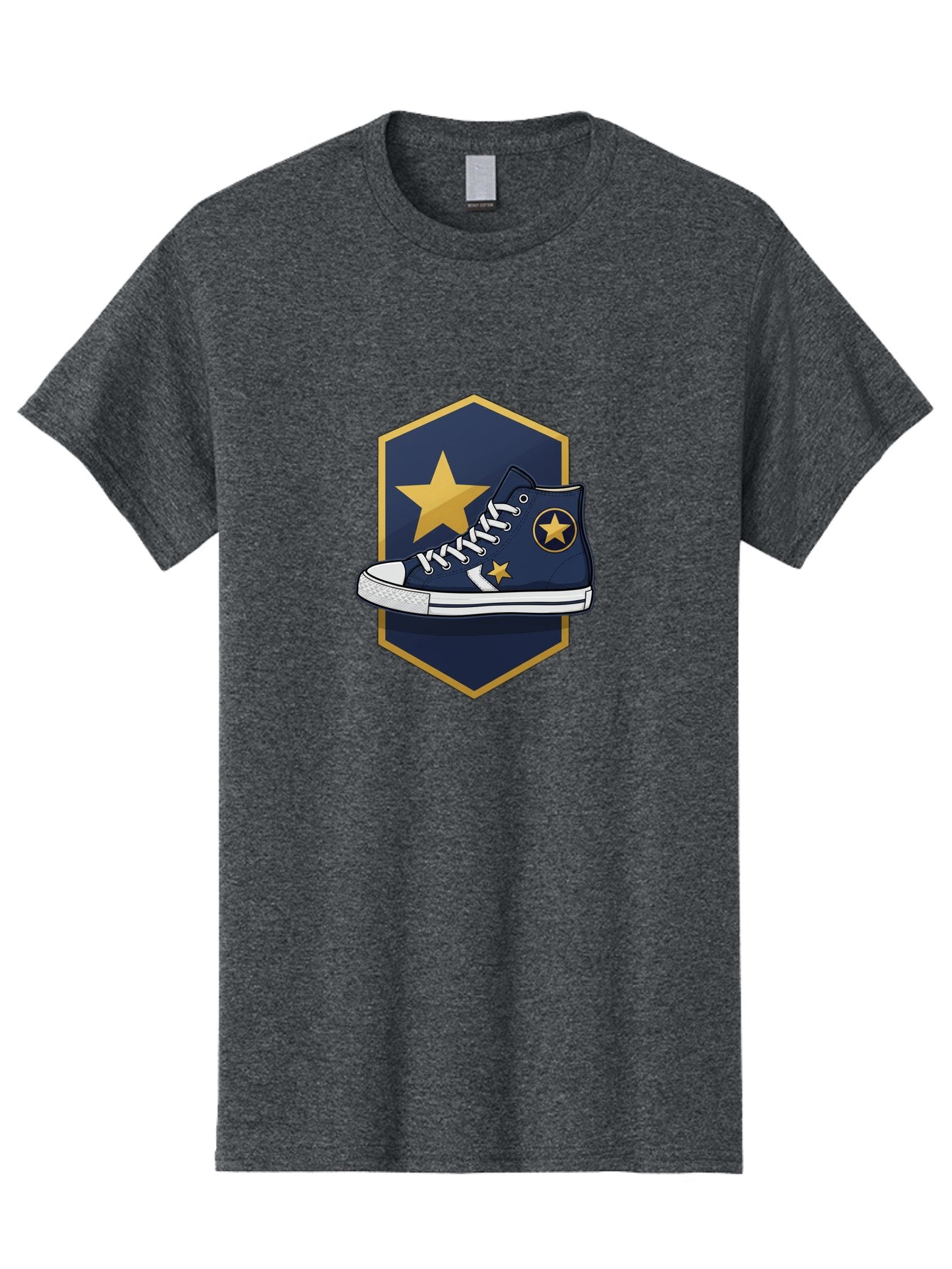 Star-Sneaker Men'S Graphic Tee, 100% Cotton, Comfortable Casual Summer Wear, Machine Washable, Navy Blue Sneaker, White Laces, Yellow Stars, Converse Style, Casual Footwear, Streetwear Fashion, Athletic Shoe, Bold Design, Gold Accents Bab458