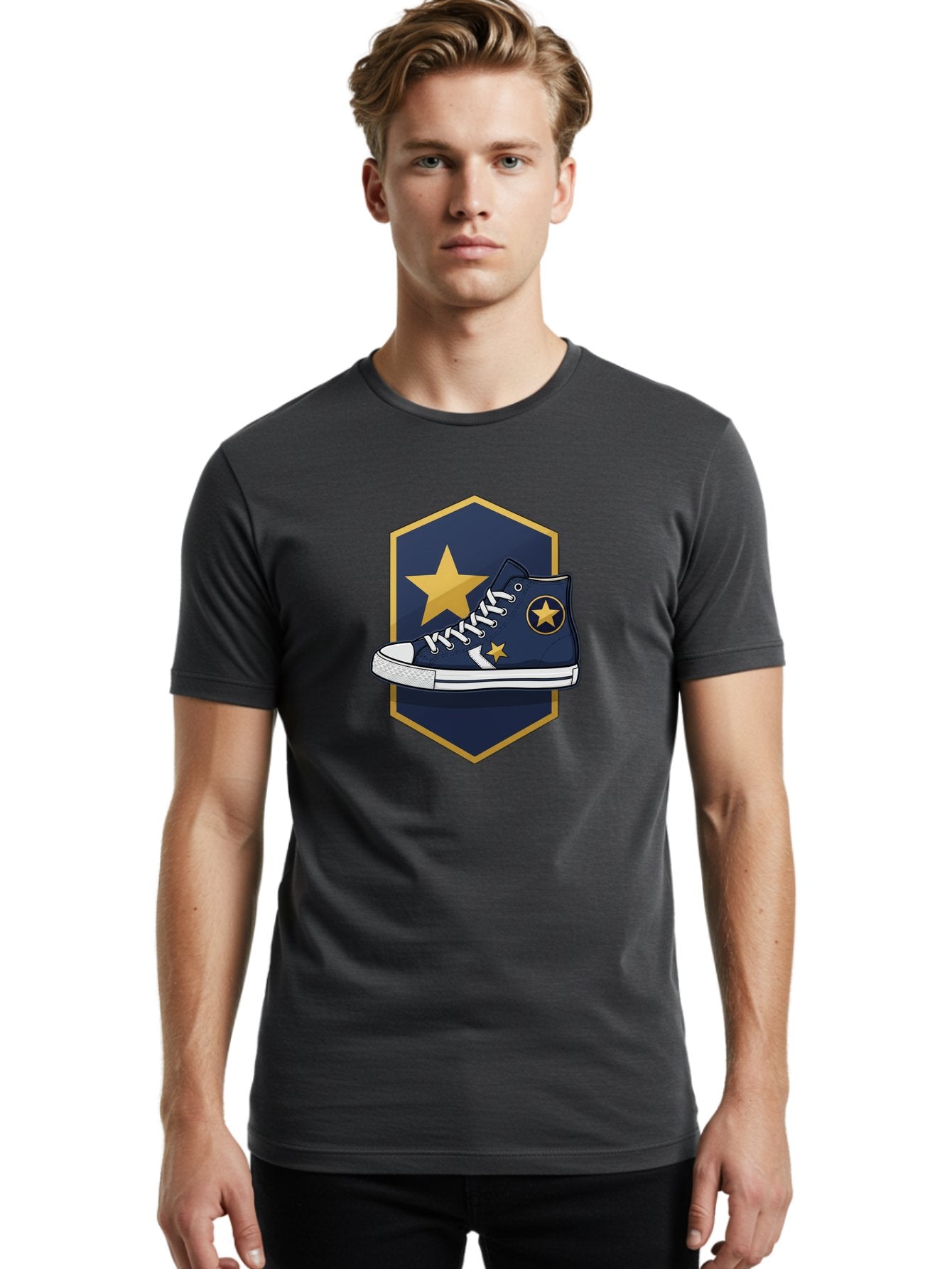 Star-Sneaker Men'S Graphic Tee, 100% Cotton, Comfortable Casual Summer Wear, Machine Washable, Navy Blue Sneaker, White Laces, Yellow Stars, Converse Style, Casual Footwear, Streetwear Fashion, Athletic Shoe, Bold Design, Gold Accents Bab458 21