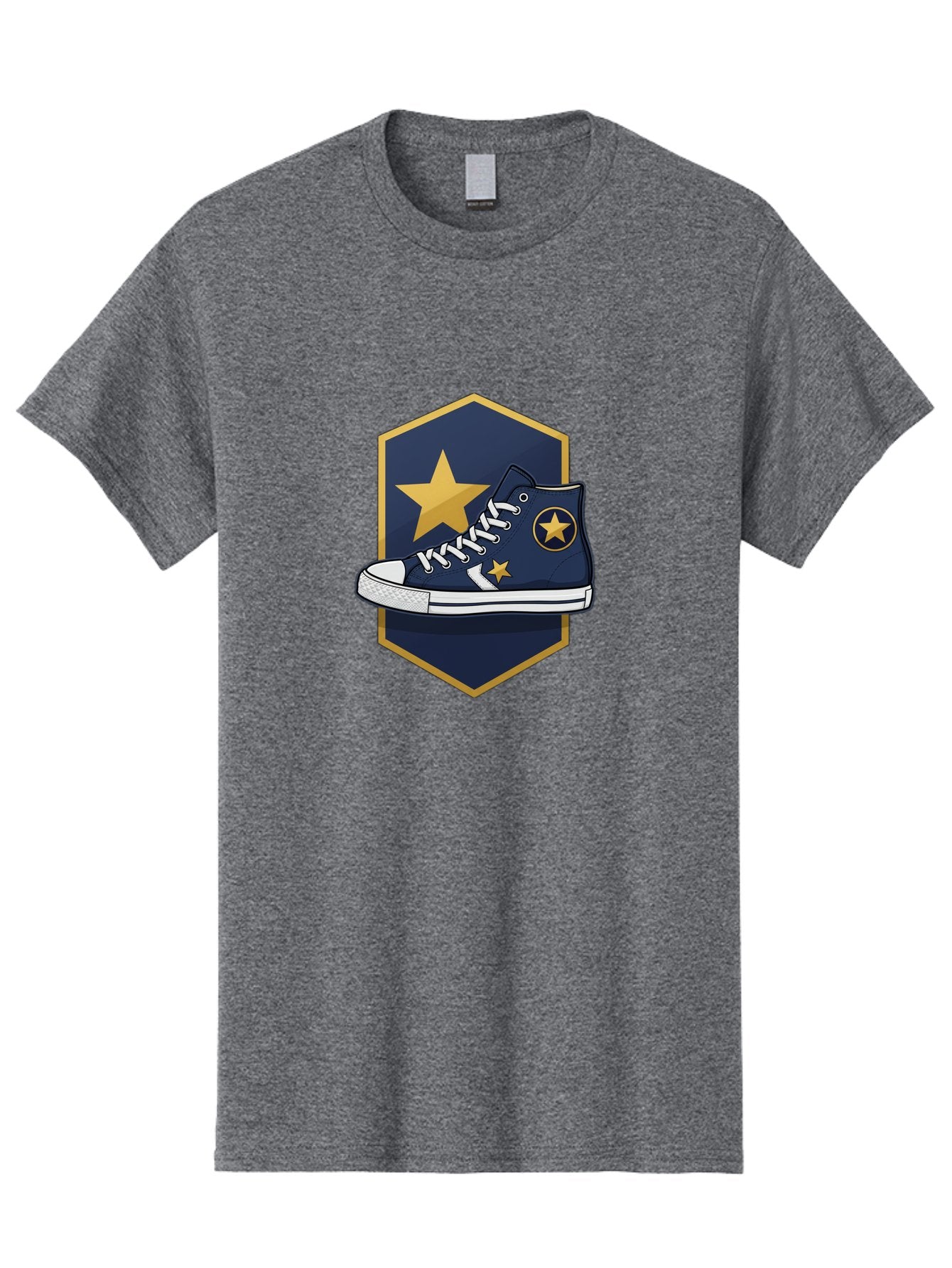 Star-Sneaker Men'S Graphic Tee, 100% Cotton, Comfortable Casual Summer Wear, Machine Washable, Navy Blue Sneaker, White Laces, Yellow Stars, Converse Style, Casual Footwear, Streetwear Fashion, Athletic Shoe, Bold Design, Gold Accents Bab458 11