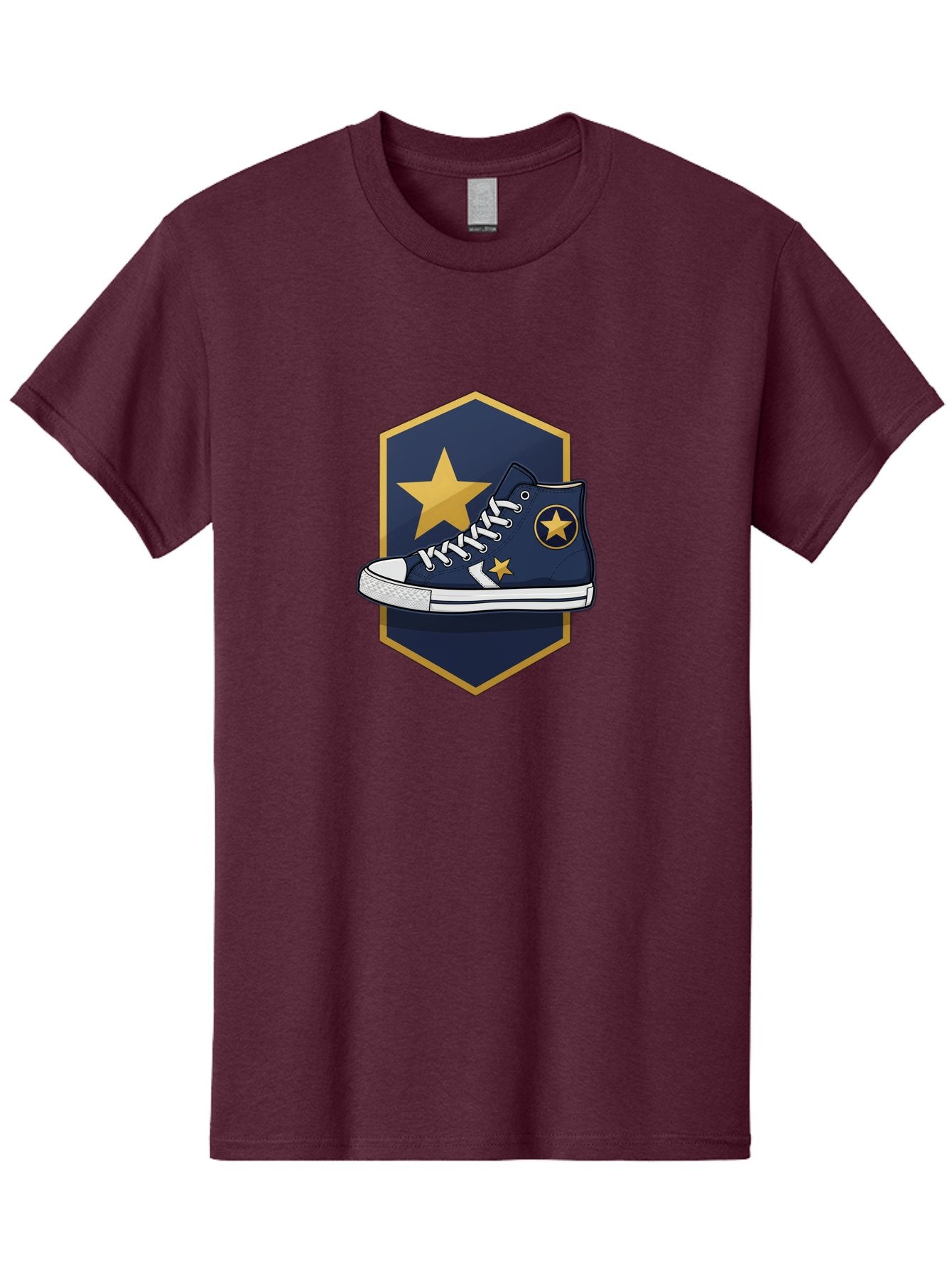 Star-Sneaker Men'S Graphic Tee, 100% Cotton, Comfortable Casual Summer Wear, Machine Washable, Navy Blue Sneaker, White Laces, Yellow Stars, Converse Style, Casual Footwear, Streetwear Fashion, Athletic Shoe, Bold Design, Gold Accents Bab458 8